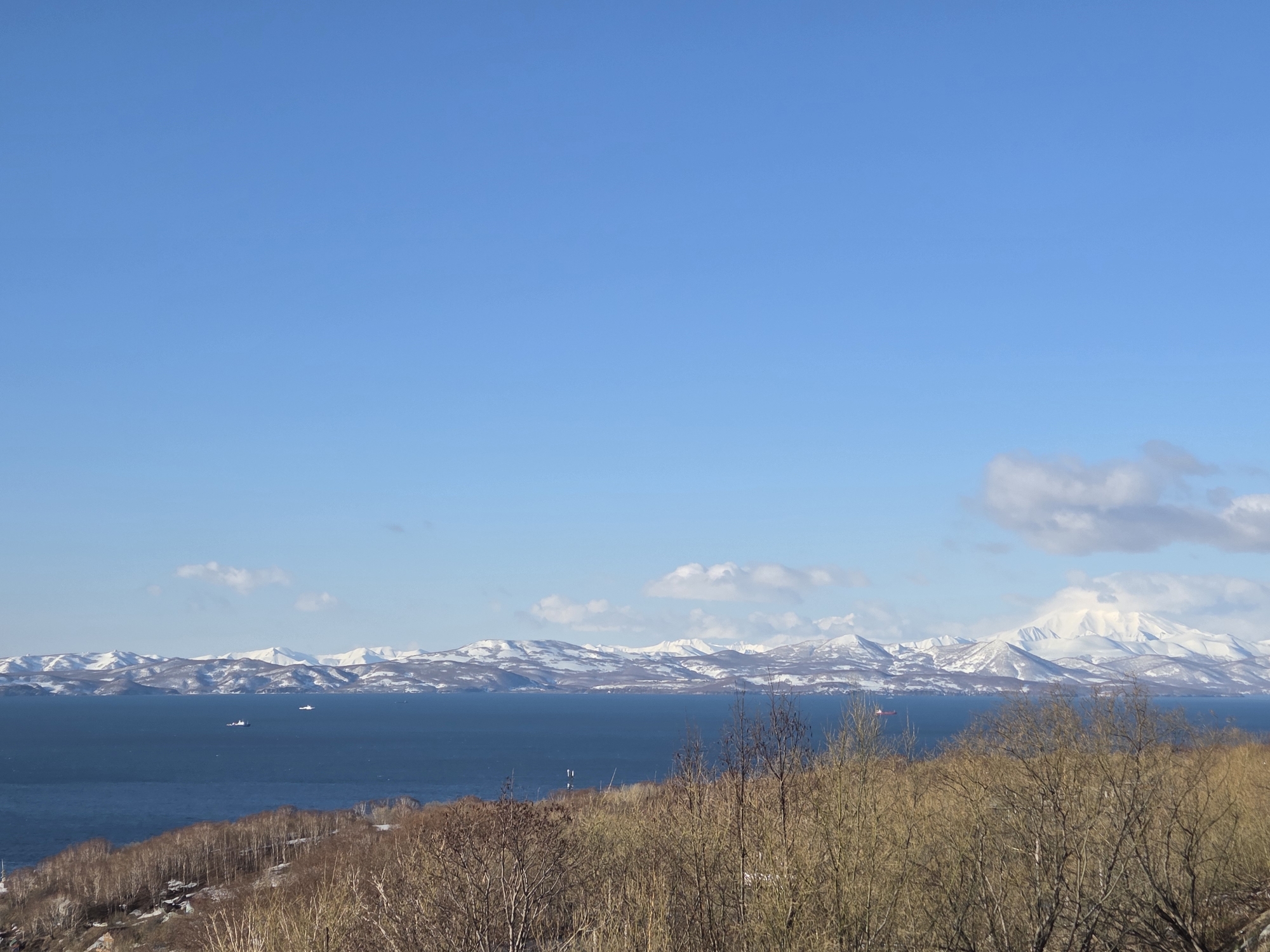 The image shows a landscape with a large body of water, possibly a bay or an ocean, flanked by snow-capped mountains in the distance. Two ships are visible on the water. The foreground features a dense forest with leafless trees. The sky is a clear blue with a few scattered clouds. The location is Unknown, Unknown.
