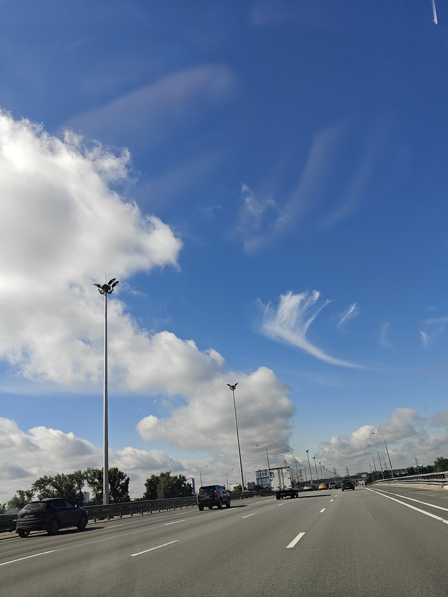 This is a daytime, eye-level, outdoor, full-shot photograph taken from a moving vehicle on a multi-lane highway in Pushkino, Russia. The highway stretches into the distance, with vehicles traveling in both directions. The sky is a clear blue with scattered white clouds, some of which are wispy and streaky. Several tall streetlights with multiple lamps are visible along the side of the road. On the left side of the highway, there is a grassy embankment with trees and some buildings in the background. On the right side, the highway continues with more streetlights and a bridge structure in the distance. The road surface is asphalt with white lane markings. A black SUV is visible in the left lane of the foreground, and other vehicles, including a truck and several cars, are present on the highway further ahead.