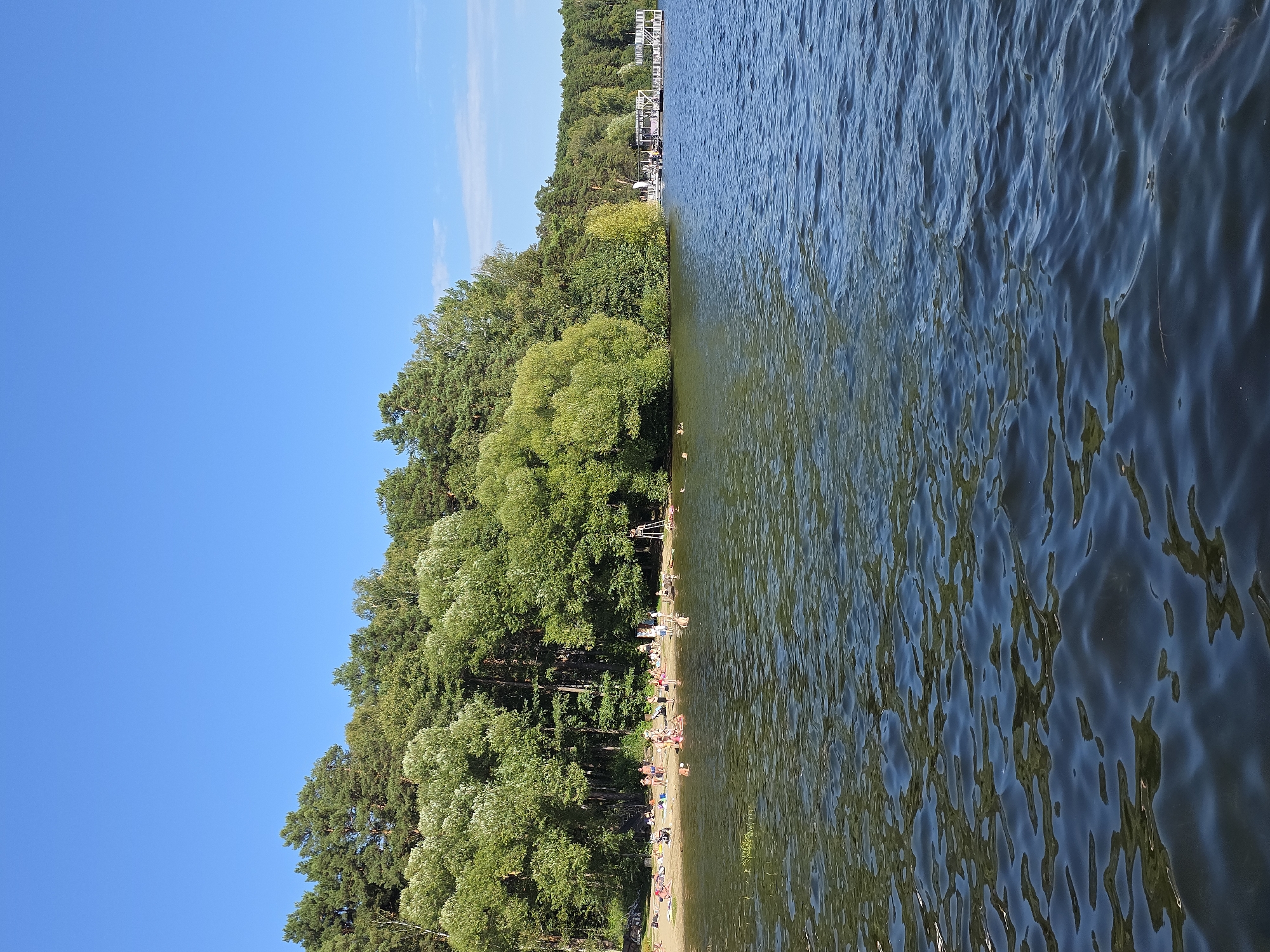 This is a medium-shot, vertical, outdoor, daytime photograph taken from the water, looking towards a sandy beach lined by a dense forest. The sky is a clear, bright blue. The foreground features dark blue, rippling water, reflecting the green of the trees.
The middle ground shows a sandy beach populated by numerous people. Some are lying on towels, others are standing or sitting. Several individuals are in the water, either wading or swimming. Beach umbrellas and towels are scattered across the sand. A wooden lifeguard tower is visible on the right side of the beach.
The background consists of a thick, green forest with a mix of pine and deciduous trees, extending along the shoreline. In the distance, on the right side of the image, a white, multi-level wooden structure, likely a pier or a recreational platform, extends into the water. Two small figures are visible swimming in the water on the left side of the frame.
The overall scene depicts a lively, sunny day at a lakefront beach, likely a popular recreational area. The location is identified as the beach at Lake Chebarkul in Chebarkul, Russia.