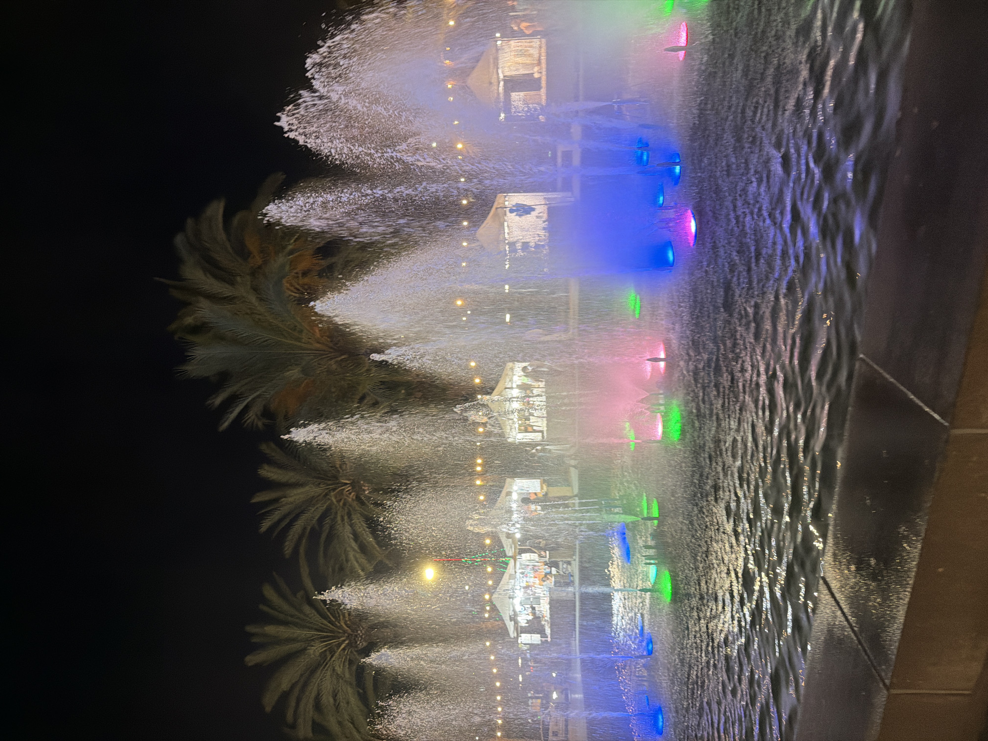 The image depicts a nighttime scene at a fountain. The fountain is illuminated with vibrant colored lights, including blue, pink, and green, which reflect off the water. Several palm trees are visible in the foreground, their fronds creating a textured silhouette against the dark background. In the background, there are structures that appear to be tents or stalls, possibly part of a market or event, also lit with warm, yellow lights. People are visible inside or near these structures, suggesting an active gathering. The water from the fountain is spraying upwards, creating a dynamic and refreshing visual effect. The overall atmosphere is festive and lively, indicating an evening event in a pleasant, likely warm, climate. The presence of palm trees and the overall ambiance are consistent with a Mediterranean location like Sant Antoni De Portmany, Spain. No visible text is present in the image.