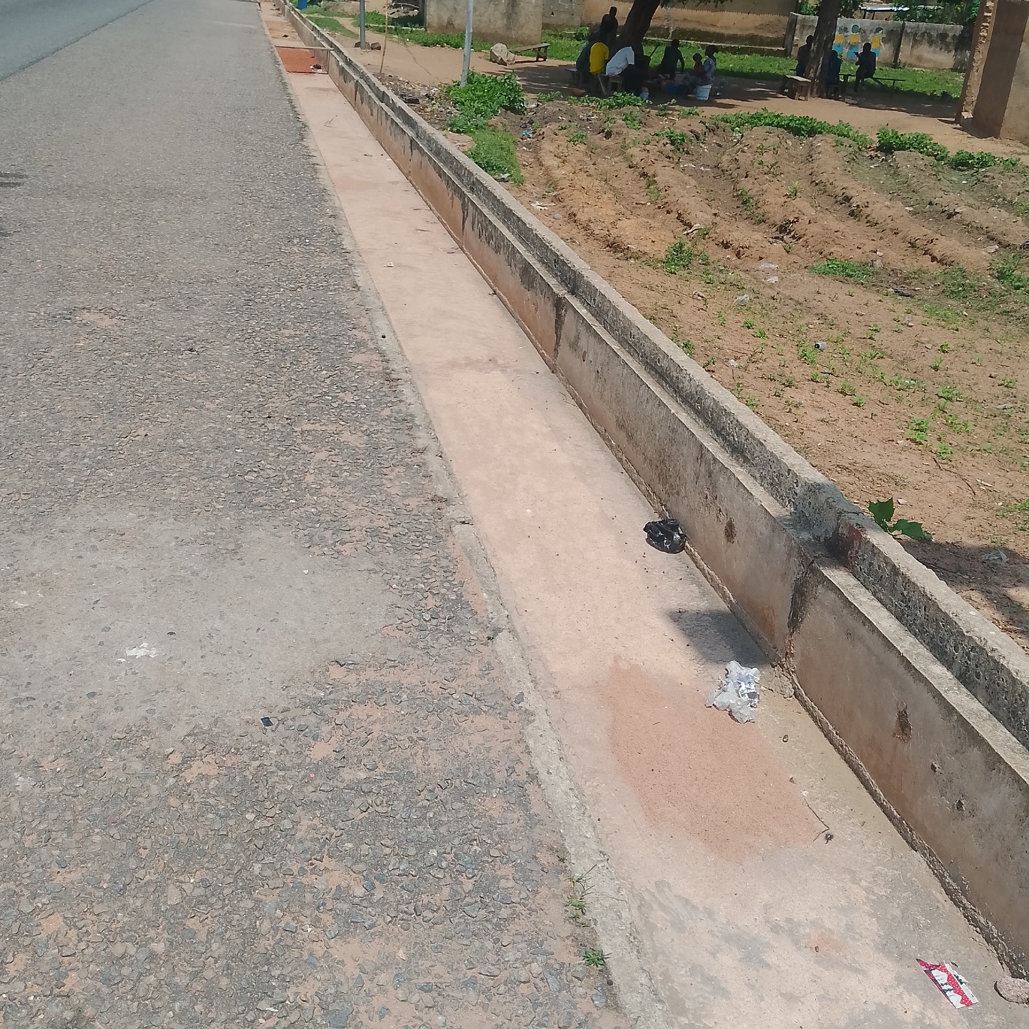 This image depicts a roadside drainage channel in Jalingo, Nigeria. The drainage channel, constructed of concrete, runs alongside a paved road on the left. The road surface is asphalt with visible gravel. The drainage channel itself is empty, with a concrete base and rough concrete sides. In the foreground, near the drainage channel, there are several pieces of litter, including a crumpled black plastic bag and some white plastic debris. A small insect is visible on the concrete floor of the drain. In the background, beyond the drainage channel, is an area of disturbed, sandy soil with some sparse green vegetation. Further back, several people are gathered under the shade of a large tree. They appear to be sitting or standing, and some are interacting. In the far background, a simple building wall is visible, with some painted figures or decorations. The overall scene suggests an outdoor environment in a developed area, likely a town or city, with evidence of both infrastructure and human activity.