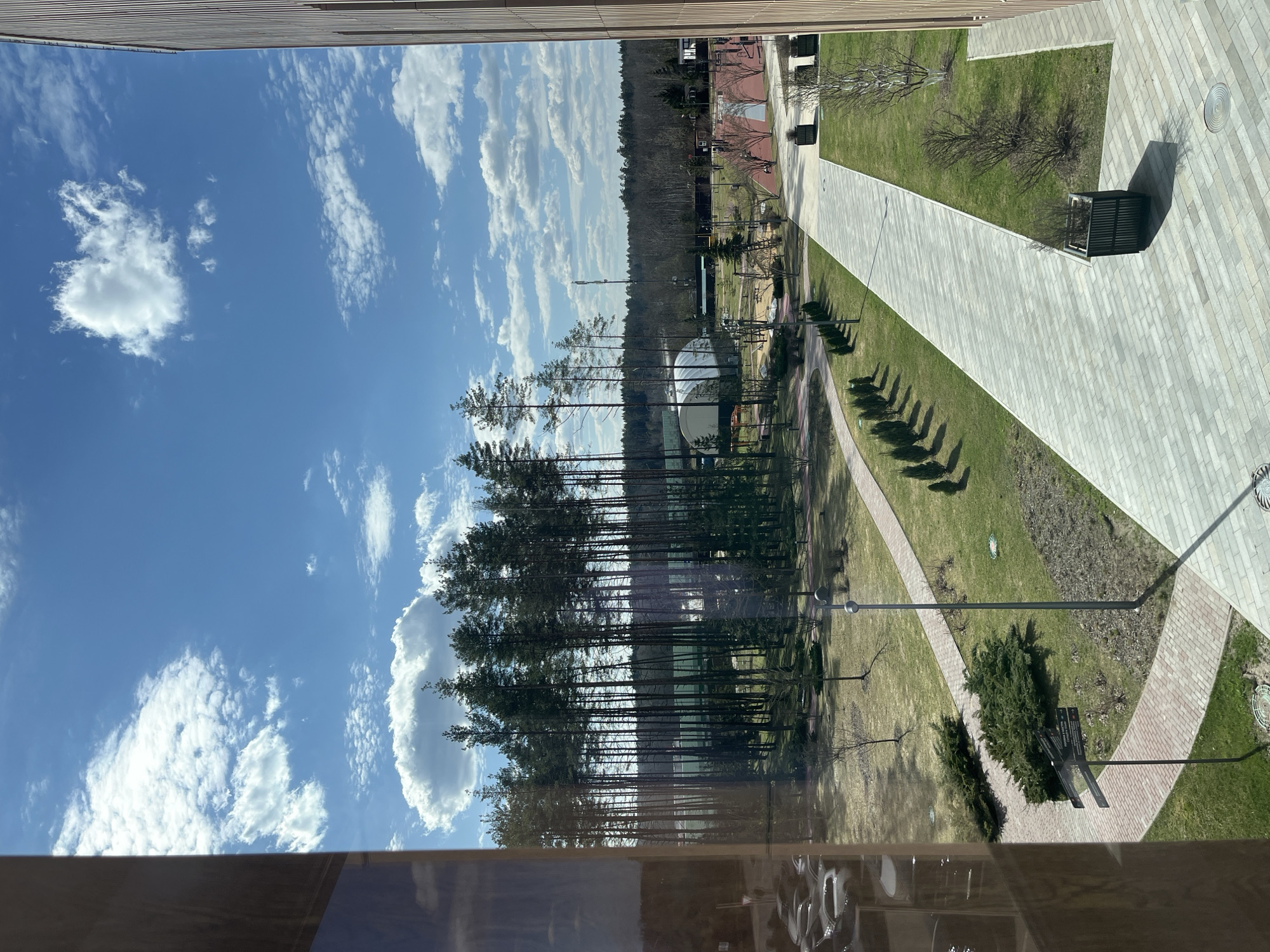 The image shows an outdoor view from an elevated position, possibly a window in Zhavoronki, Russia. The sky is bright blue with scattered white clouds. Below, there's a forest of tall, slender trees. In front of the trees is a park area with a pathway and green grass. To the right, there's a paved area with benches. Further in the distance, there is a dome-like structure and what appears to be a track. The foreground shows a reflection of the interior.