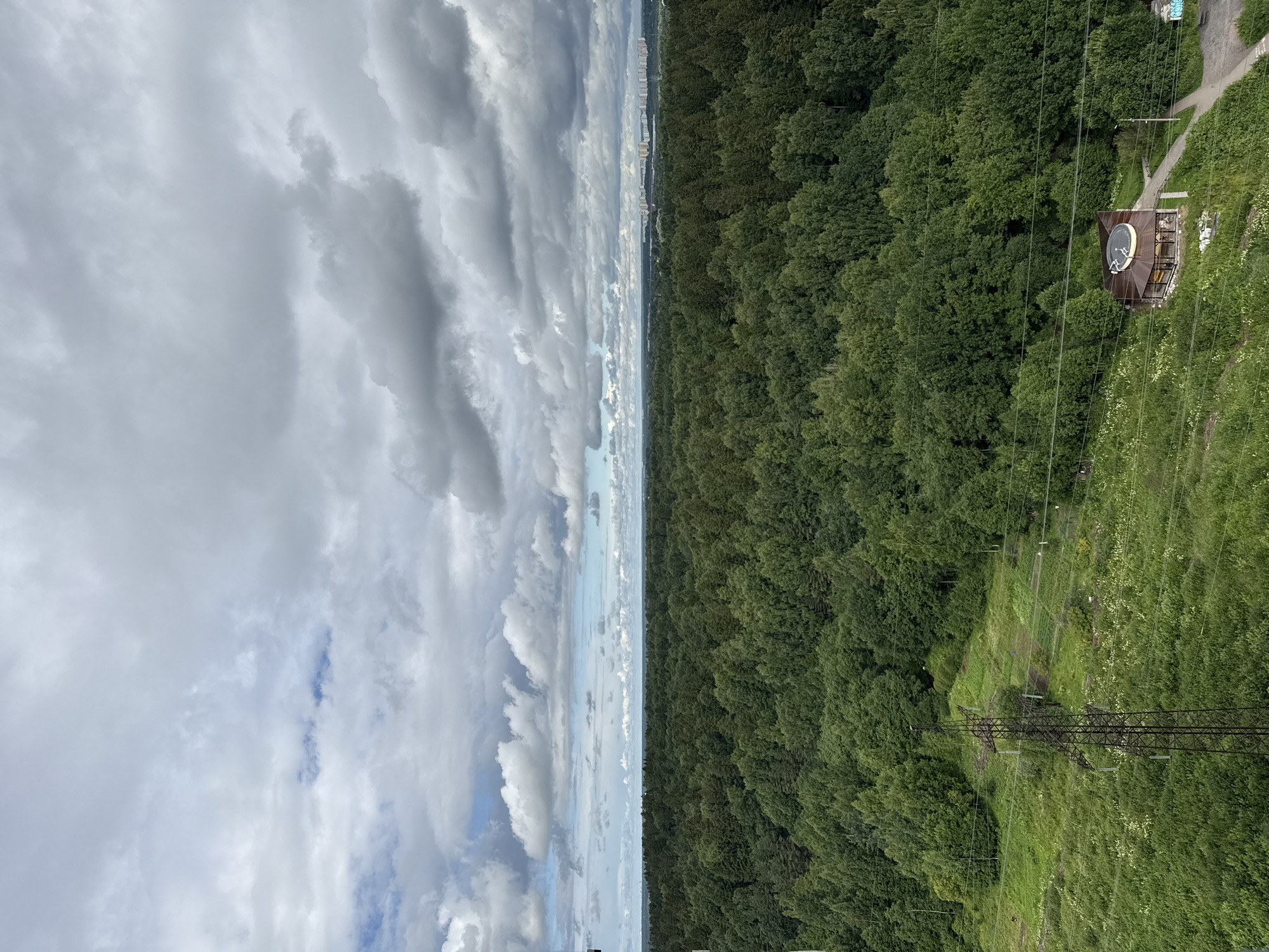 This is an aerial view of a forested area with a building and power lines in Pargolovo, Russia. The sky is filled with dramatic, heavy clouds. Below the clouds, a vast expanse of dense green forest stretches to the horizon. In the foreground, there is a clearing with a small, octagonal building with a brown roof. Power lines with a tall pylon traverse the landscape. In the distance, a city skyline with tall buildings is visible on the horizon. The overall scene depicts a transition between natural and urban environments.