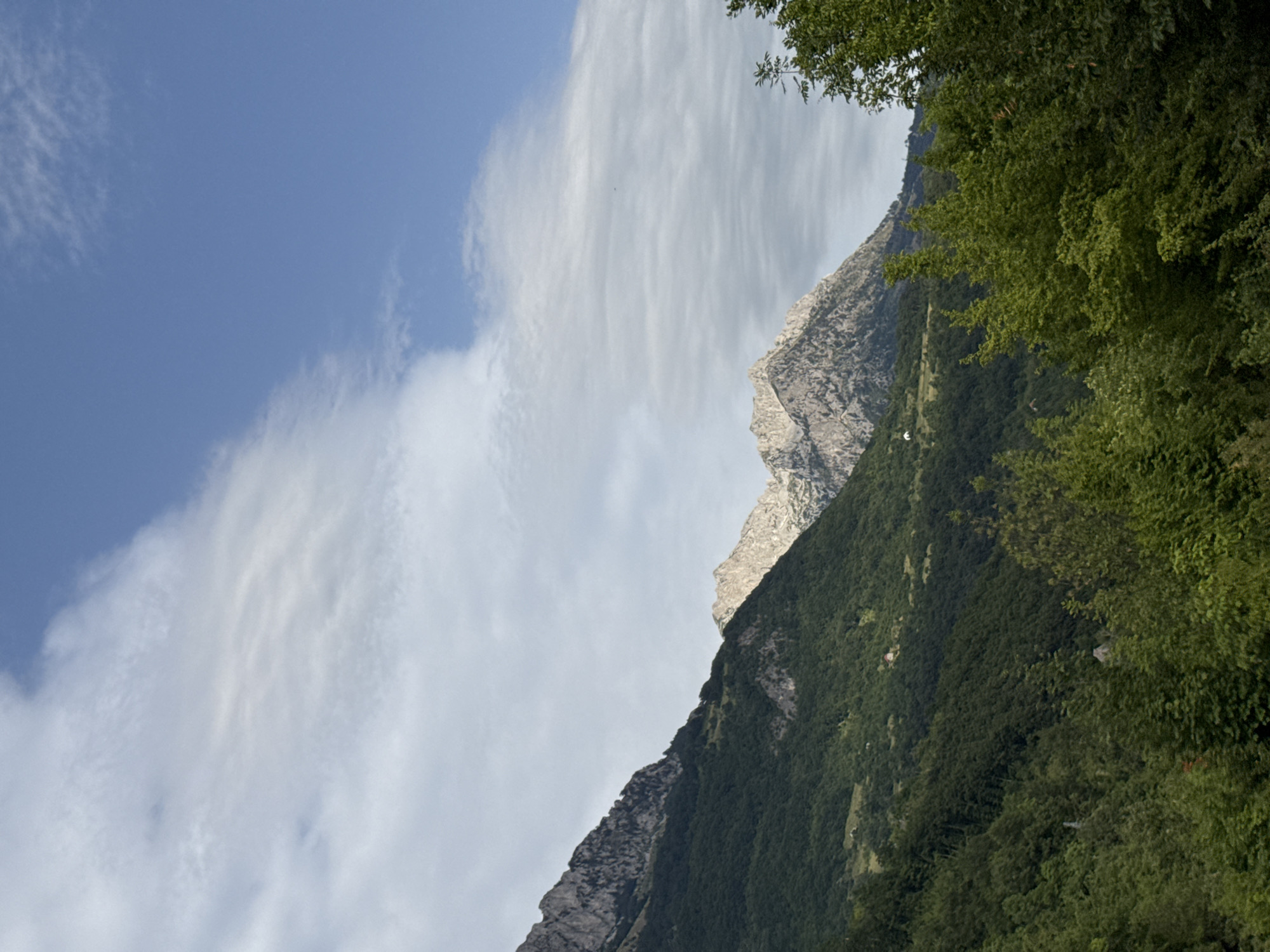 The image depicts a scenic mountain landscape under a partly cloudy blue sky. In the foreground, dense green trees fill the lower portion of the frame. Behind the trees, a verdant mountainside slopes upwards, dotted with patches of grass and a few small structures, possibly houses, visible at a distance. Further back, a rugged, rocky mountain peak is illuminated by sunlight, contrasting with the darker, forested slopes. The sky is a vibrant blue with wispy white clouds stretching across it. This scene is representative of the natural beauty found in areas like Dragovića Polje, Montenegro, characterized by its mountainous terrain and lush vegetation.