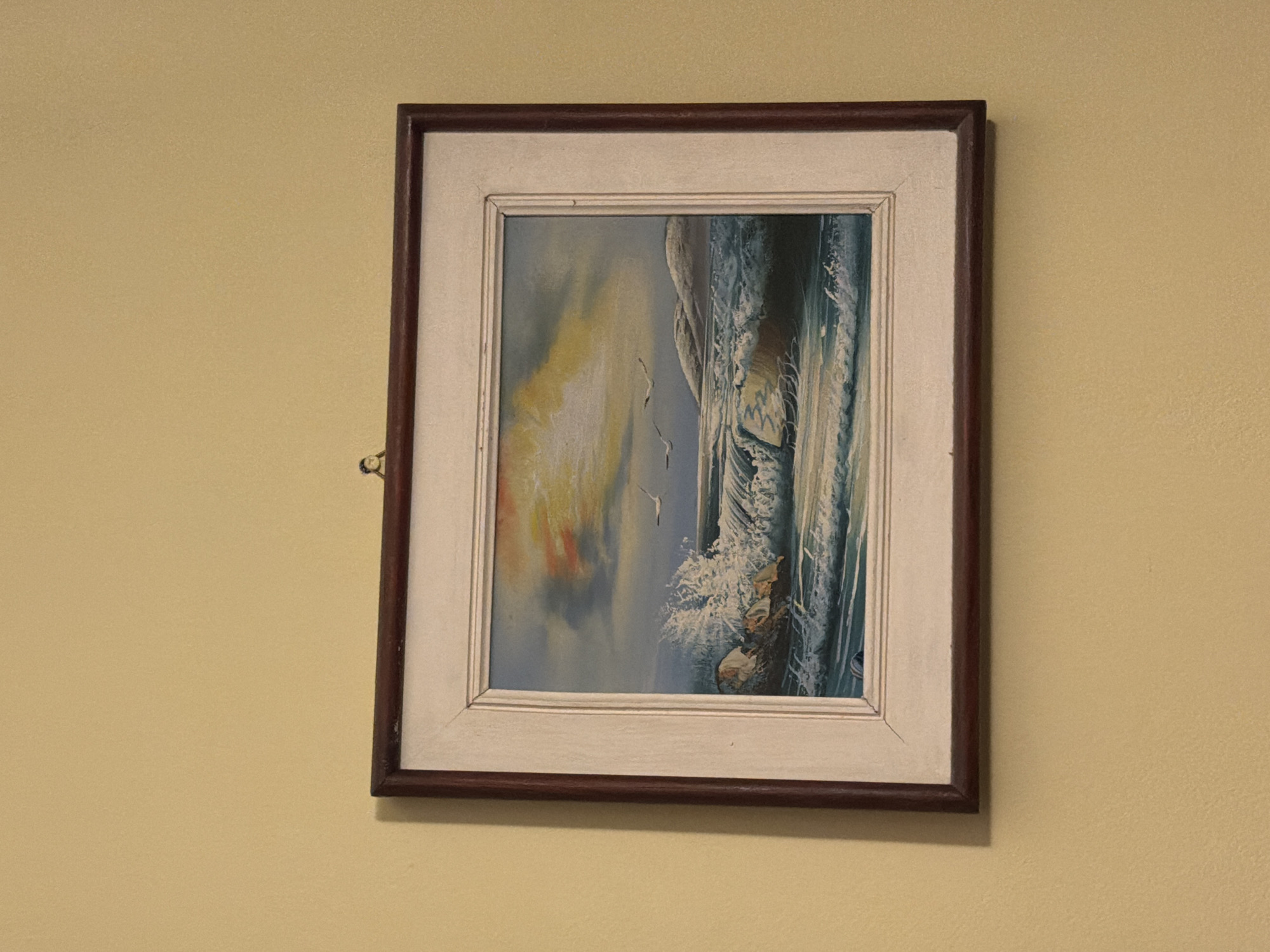 A framed painting hangs on a wall. The painting depicts a seascape with waves crashing on rocks and birds flying in a sunset sky. The frame has a dark brown outer layer and a lighter, possibly off-white, inner layer. The wall is a light yellow or beige color. The location in Sofia, Bulgaria, is not discernible from the image.