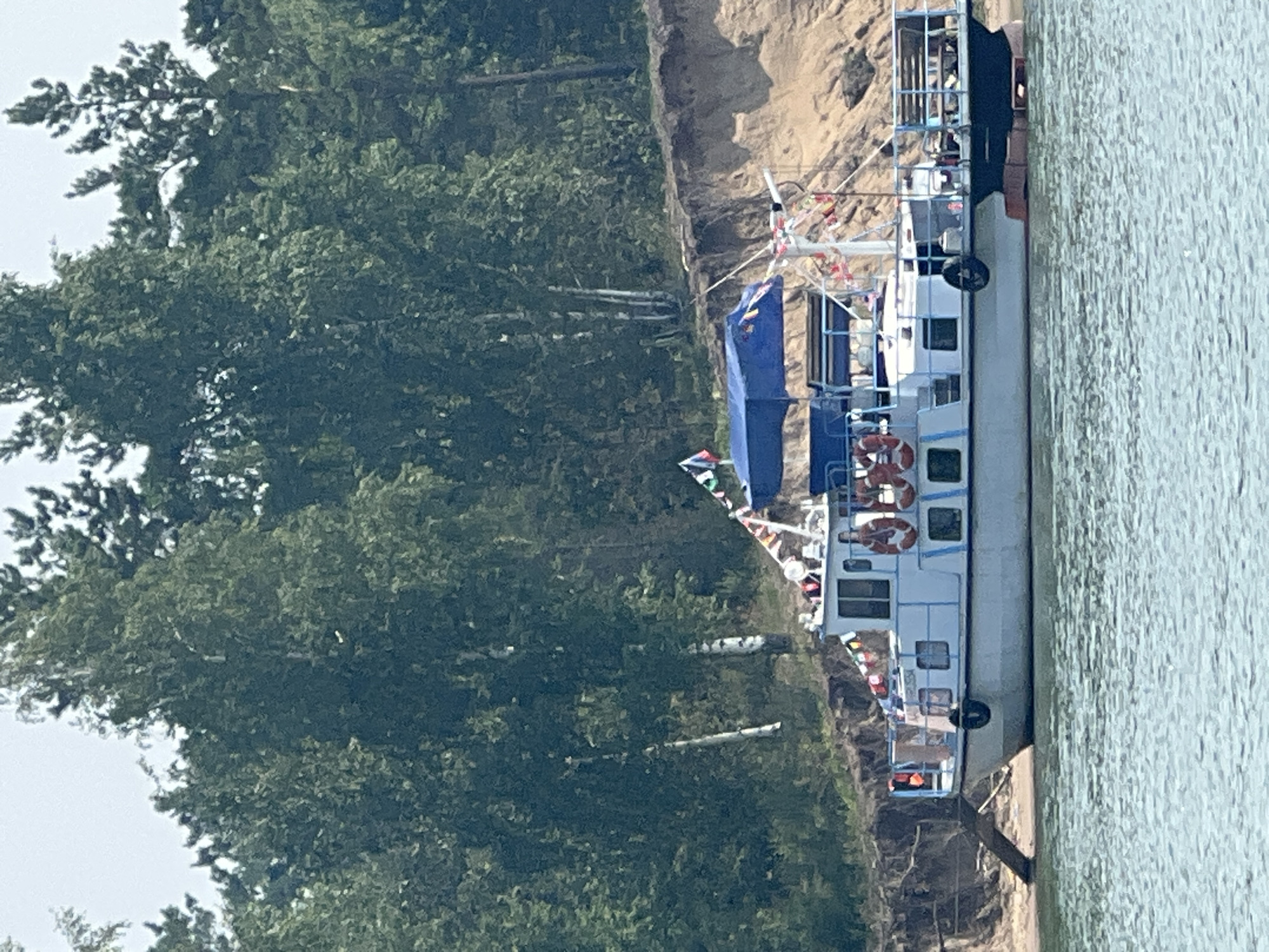 A white passenger boat with a blue awning is docked on a body of water, likely a river or lake, near a sandy bank. The bank is covered in trees and appears to be eroded in places. The boat is decorated with a string of colorful pennant flags. Life preservers are visible on the side of the boat. A small ramp leads from the shore to the boat. The sky is overcast. The location is the city of Borovoe, Russia.