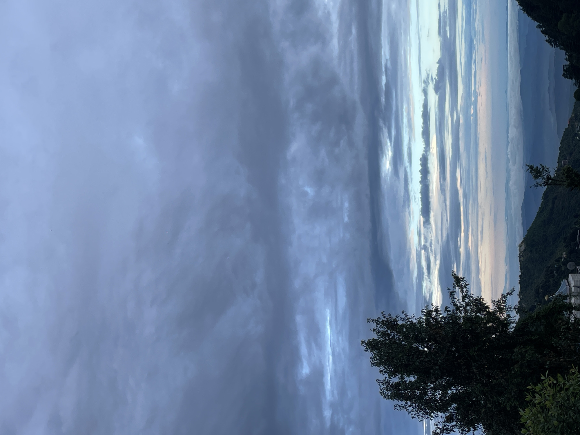 The image captures a serene, misty landscape in the city of Bhagsu, India. The sky is filled with a dramatic display of dense, layered clouds in shades of grey and blue, with hints of lighter hues near the horizon suggesting either dawn or dusk. A large, dark green tree dominates the left side of the frame, its leaves dense and full. Below the tree and extending into the background are rolling hills covered in lush vegetation. In the distance, a hazy layer of clouds or fog blankets the lower valleys, creating a sense of depth and mystery. The architecture of buildings can be faintly seen nestled on the hillsides, indicating a human presence within the natural scenery. The overall atmosphere is tranquil and expansive, evoking a sense of peaceful solitude.