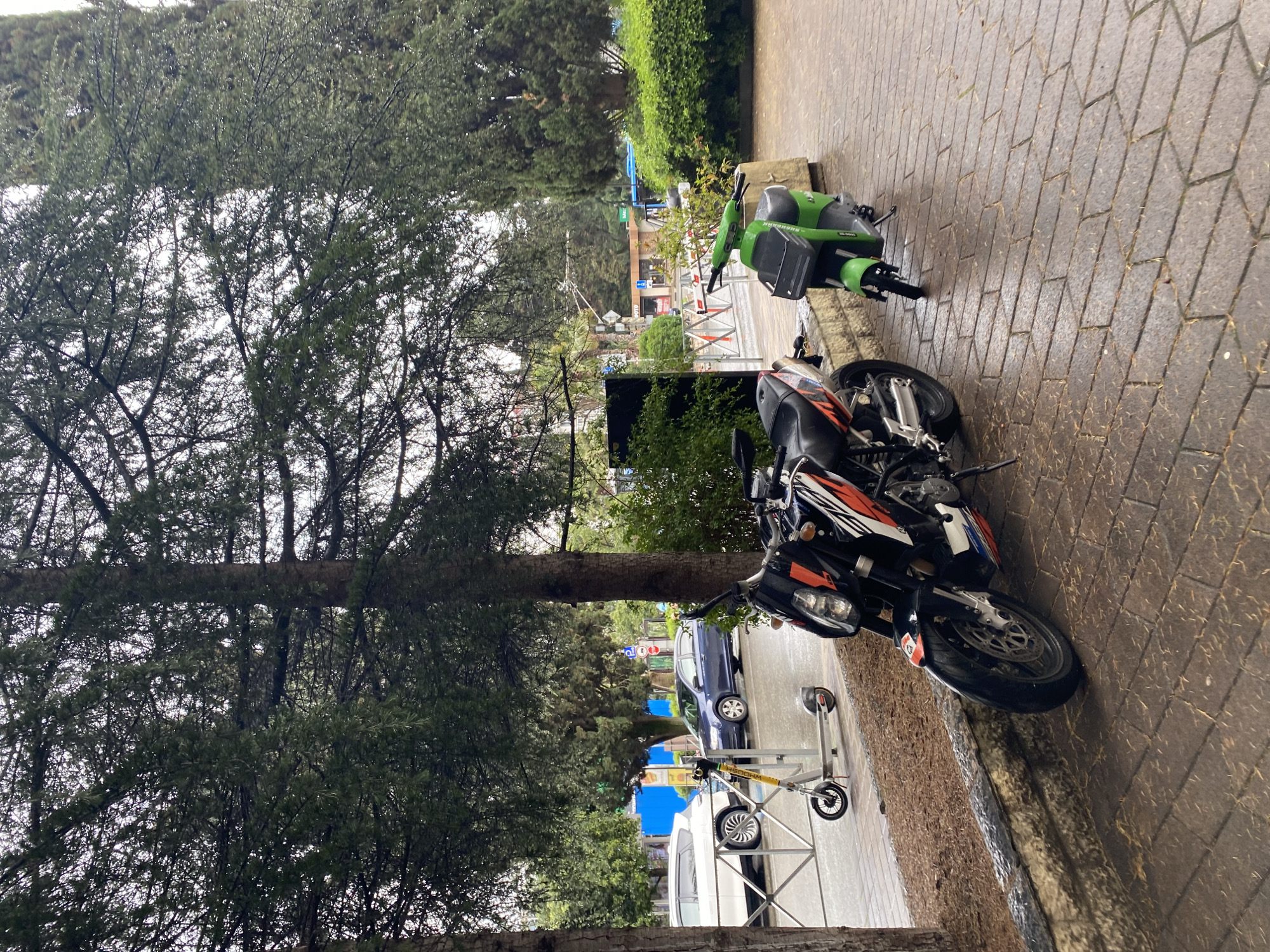 The photograph depicts a street scene in Sochi, Russia. The foreground is dominated by a black and orange motorcycle parked on a brick sidewalk. A green scooter is parked further down the sidewalk. In the background, there's a street with cars and scooters, and buildings, trees, and foliage visible in the distance. The setting appears to be outdoors. The weather seems damp, as the sidewalk shows signs of moisture. There is a large tree to the left.