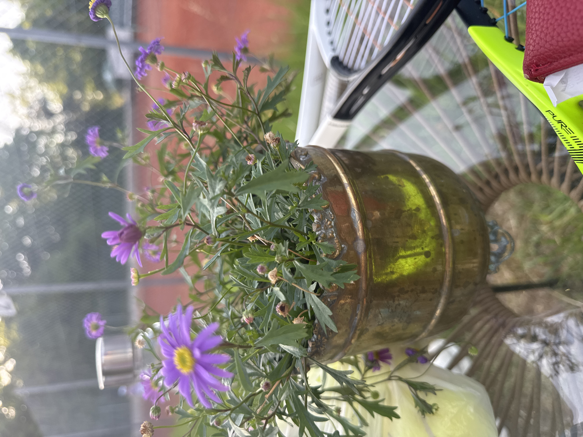 In Neubiberg, Germany, on a glass-topped table with a wicker base, a brass pot containing purple flowers and greenery sits prominently. To the right of the pot, a tennis racket is visible. In the background, a blurred fence and a terracotta-colored court suggest an outdoor setting, possibly a park or sports facility. The lighting indicates it is daytime, with a hazy, diffused quality.