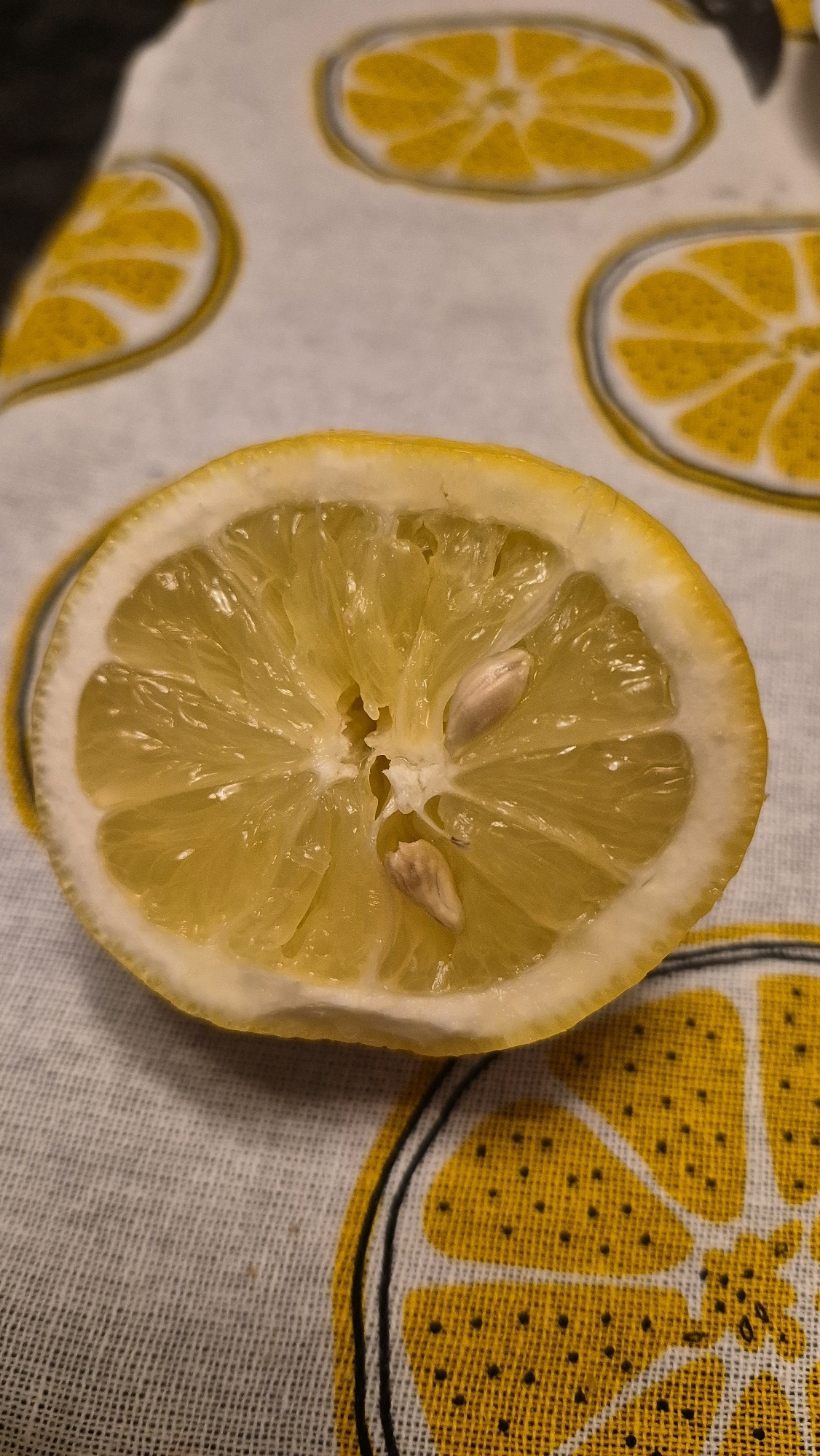 A close-up shot focuses on a halved lemon placed on a white cloth patterned with yellow lemon slices. The lemon half is cut side up, revealing its juicy pulp and two visible seeds. The background shows more of the patterned cloth, with other lemon slices in soft focus. The lighting is bright, highlighting the texture and vibrant yellow of the lemon. The scene does not depict any part of the city of Krauja, Latvia.