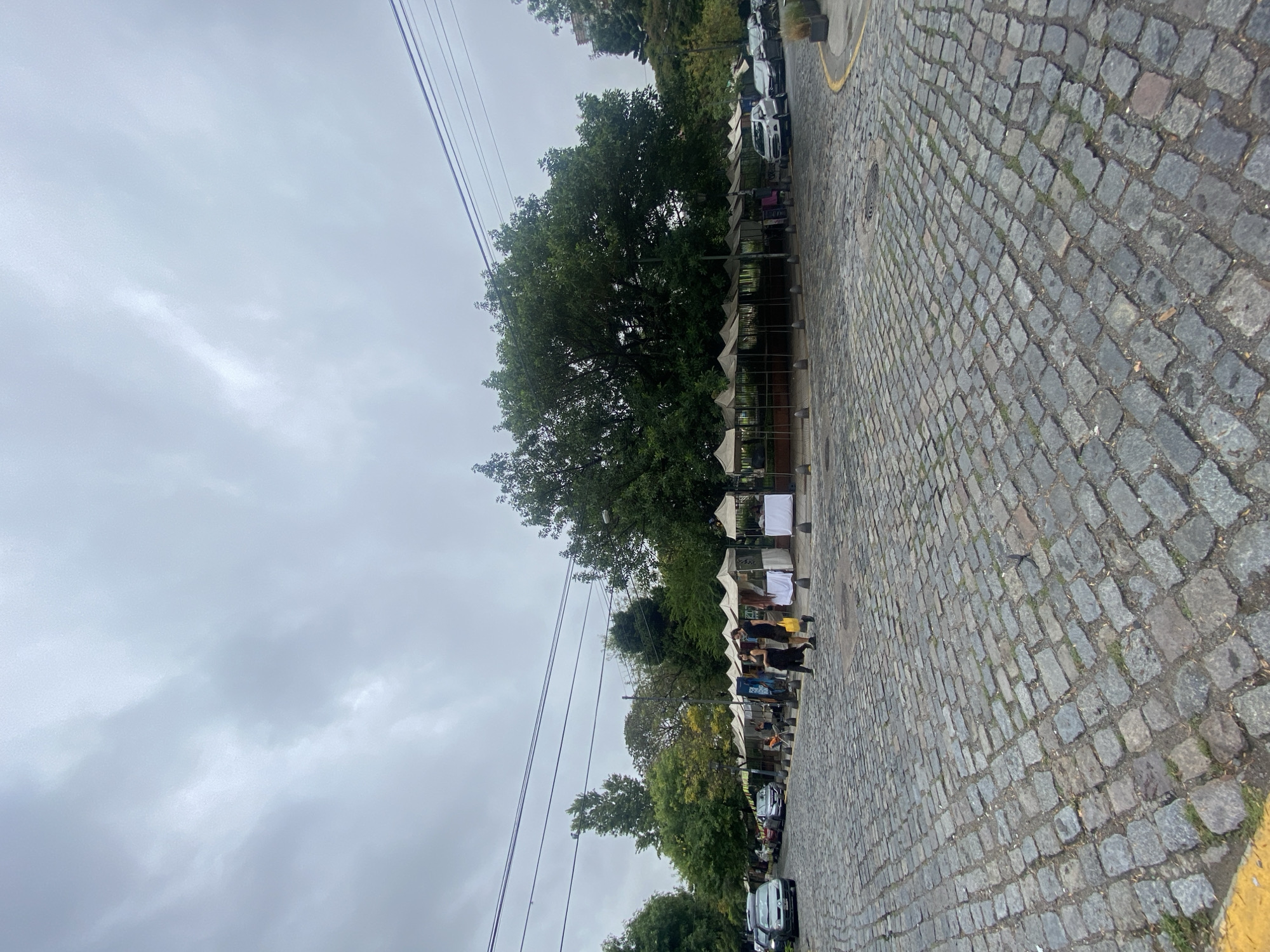The image depicts a street scene in Buenos Aires, Argentina. A cobblestone road runs along the right side of the frame, with a line of vendor stalls under white canopies extending along the left. People are visible within and near the stalls. Trees are interspersed between the stalls. Cars are parked alongside the street further in the background. Overhead power lines stretch across the sky, which is overcast.