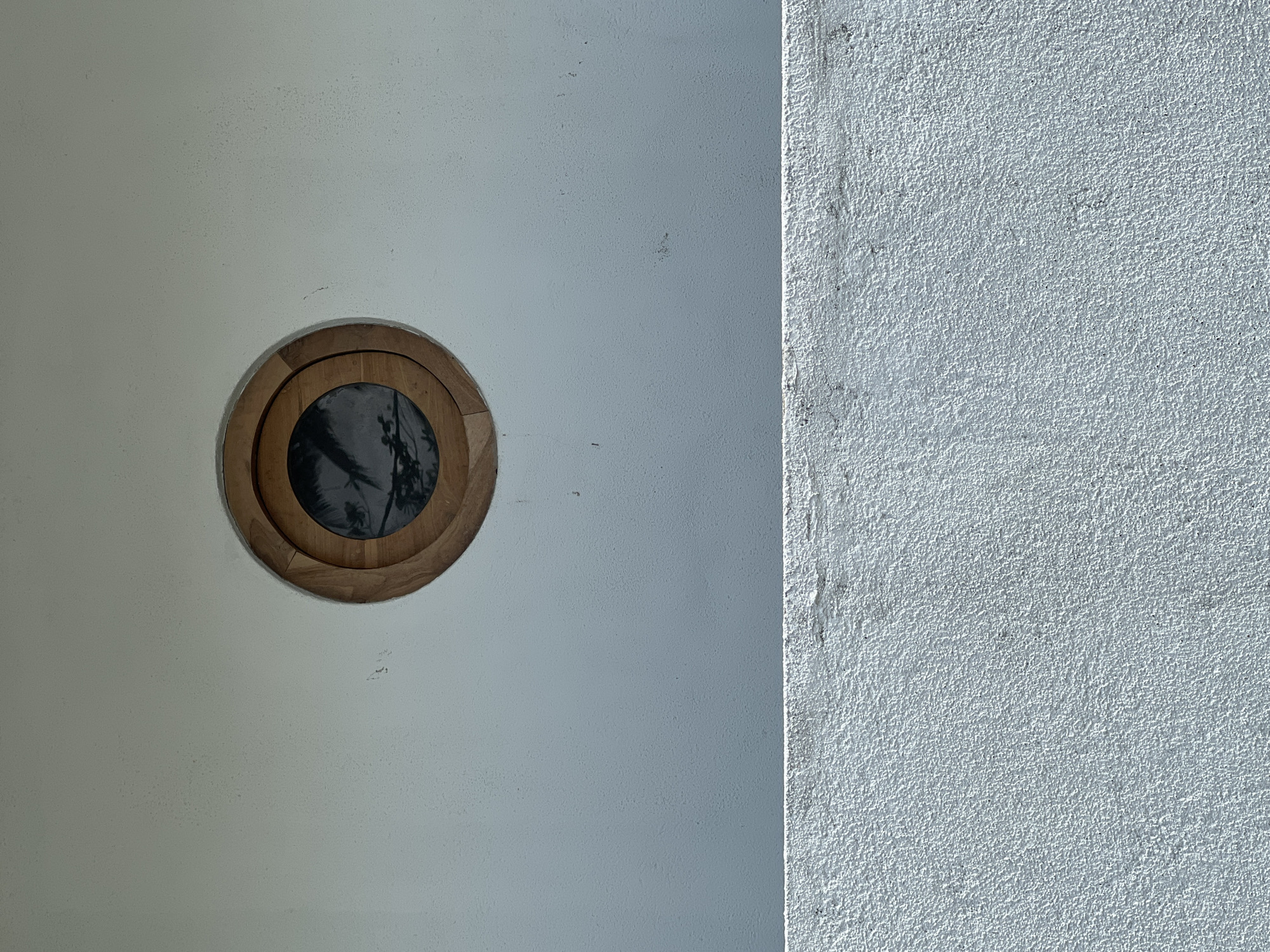 The image depicts an abstract composition of architectural surfaces and a circular fixture. The scene is dominated by two large, distinct areas.
On the left, a large portion of the frame is occupied by a smooth, light grey or off-white surface, possibly a wall or ceiling. This surface shows some faint speckling and subtle variations in tone. Embedded within this smooth surface, slightly off-center to the left, is a round, wooden fixture. This fixture is made of light-colored wood, possibly oak or maple, and has a layered, segmented design. Inside the wooden frame, there is a dark, reflective surface, which appears to be glass or a mirror, reflecting indistinct, dark shapes that resemble tree leaves or foliage, possibly palm fronds, suggesting an outdoor view or a photographic print.
To the right of the image, a contrasting texture is presented. This is a highly textured, rough wall surface, likely stucco or coarse plaster, colored in a lighter, almost white-grey hue. The demarcation between the smooth surface on the left and the textured surface on the right is a sharp, vertical line, indicating a corner or the meeting of two different structural elements.
The lighting is bright, suggesting daytime, and casts subtle shadows that emphasize the texture of the right wall. There are no people or specific activities depicted. No discernible text is visible in the image. The overall impression is one of clean lines and contrasting textures, with a hint of nature reflected within the circular wooden element.