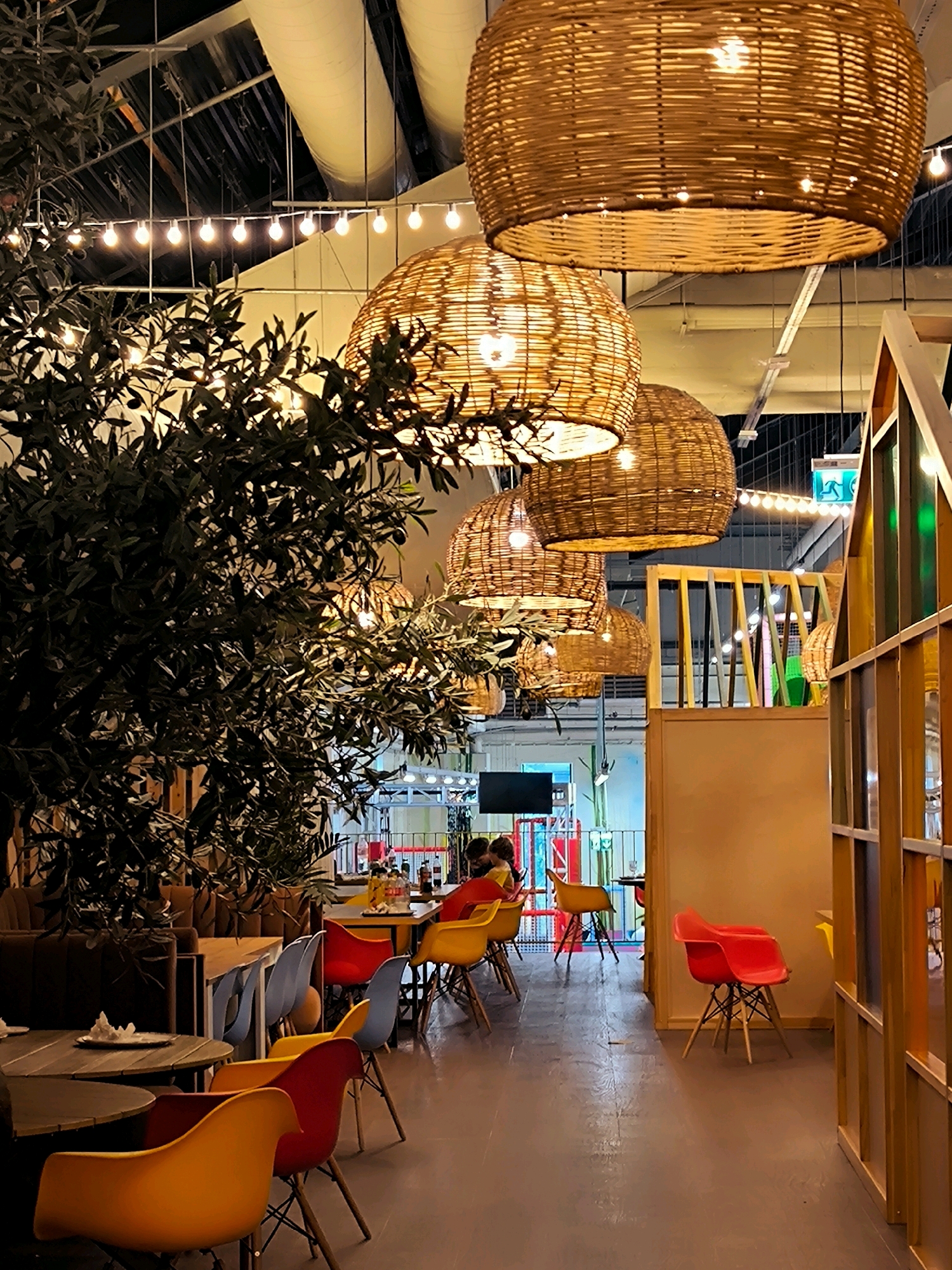 The image shows the interior of a restaurant, likely in Riga, Latvia. Large, woven pendant lamps hang from the ceiling, casting a warm glow. An artificial olive tree with dark green leaves is positioned to the left, its branches obscuring some of the background. The restaurant features a mix of seating arrangements, including booths with brown upholstery, and various brightly colored chairs, such as red, orange, yellow, and blue molded plastic chairs, some with wooden legs. Tables are visible throughout the space, some round and some rectangular. In the background, there are elements of a play area or activity zone with colorful structures, possibly indicating a family-friendly establishment. A sign with an international green exit symbol is visible on the ceiling. The overall atmosphere appears to be casual and inviting, with a focus on vibrant design elements.