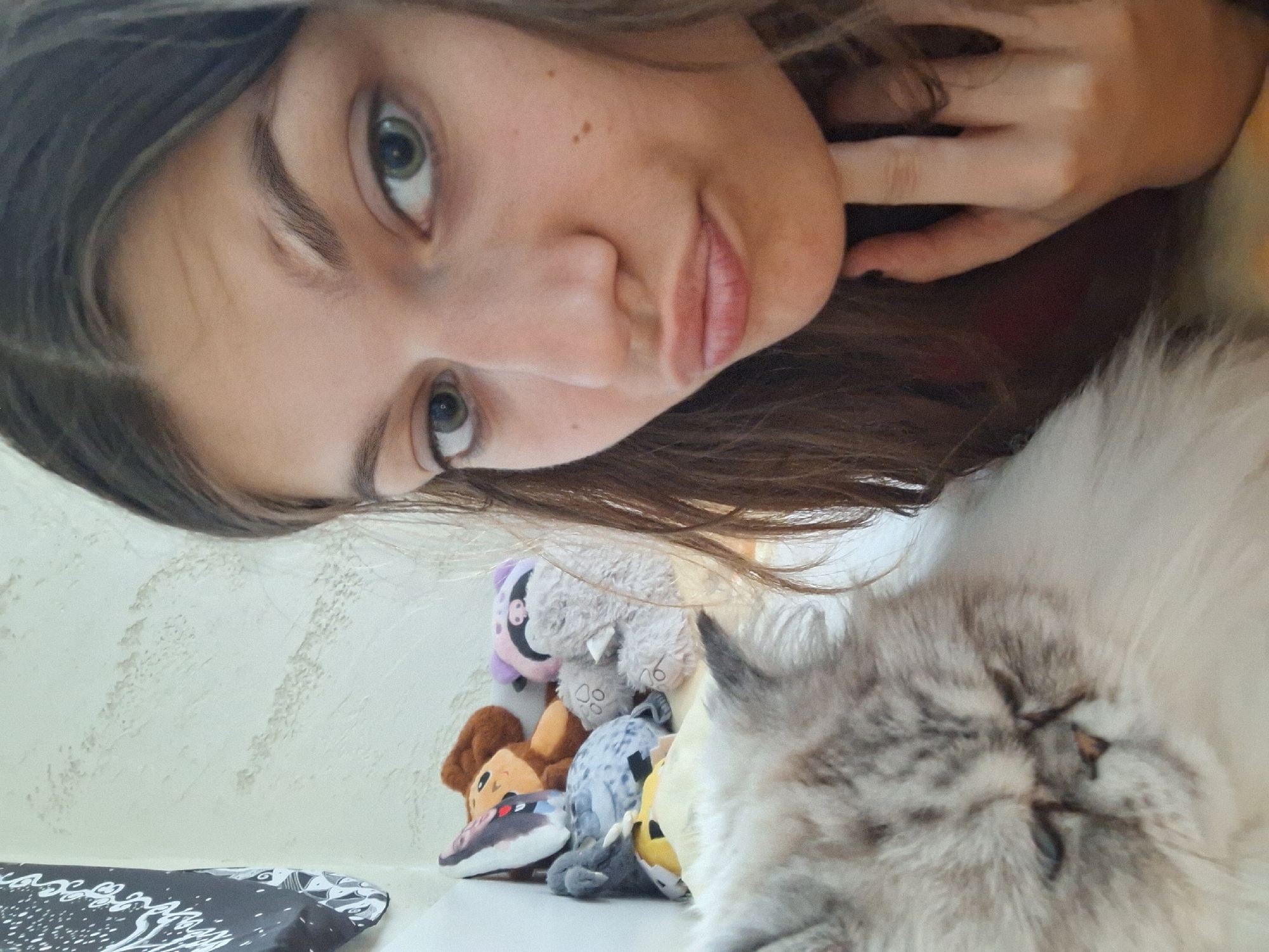 A woman with long, brown hair and green eyes is pictured in a selfie with a white and gray cat. Her face is close to the camera, positioned at the top left, with her hand near her chin. Below her, on a surface, is a collection of stuffed animals next to the cat. The cat is lying down, with its eyes closed. The background appears to be a wall. The location is Panagyurishte, Bulgaria.