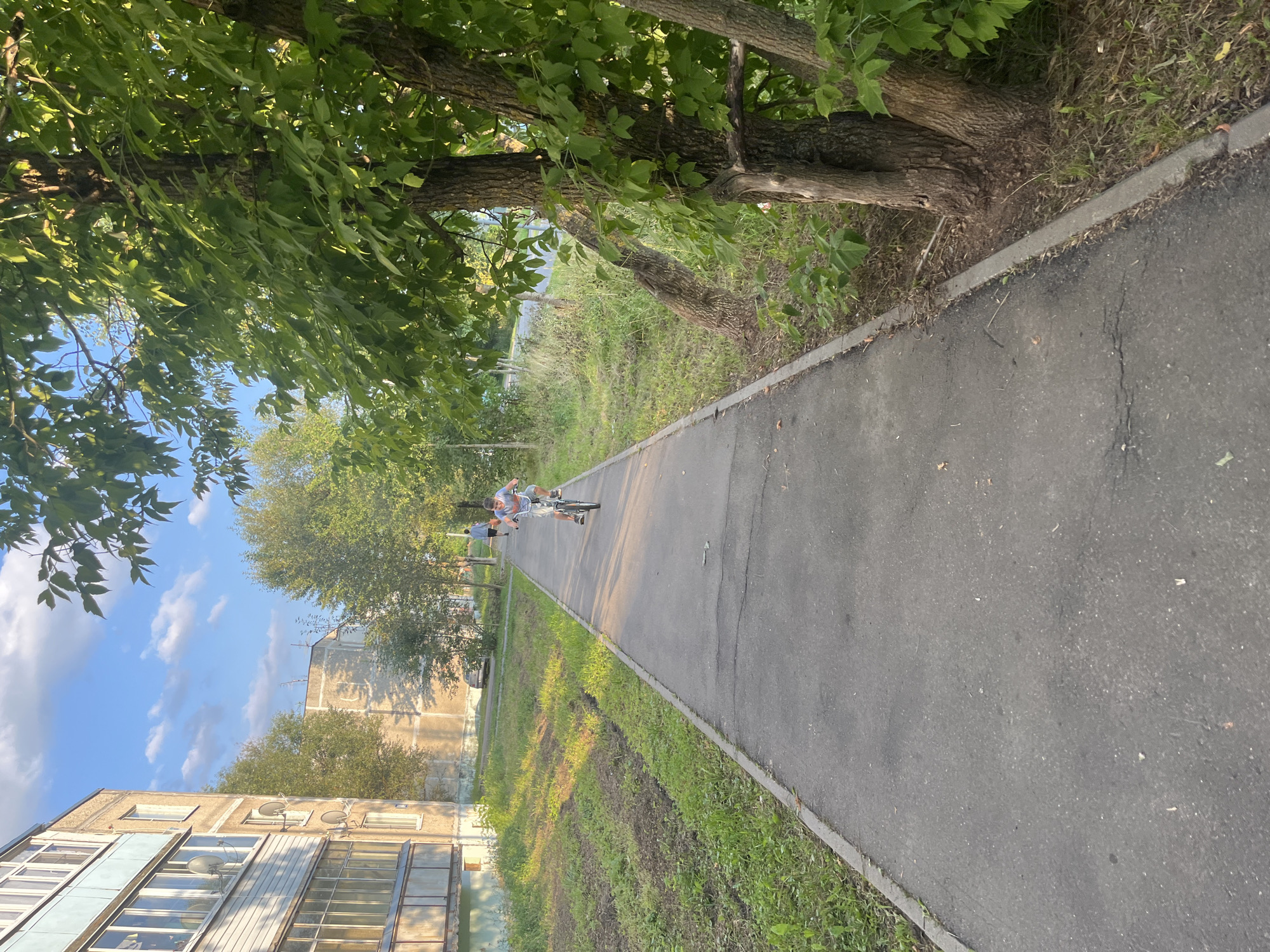 In Novy, Russia, a paved pedestrian path runs through a residential area. On the right side of the path, large trees with green foliage cast shadows. On the left, a multi-story apartment building with a light blue and beige facade is visible. A young boy is riding a bicycle on the path, heading away from the viewer. Another person is walking further down the path. The ground along the path is covered in grass and some tilled soil. The sky is blue with scattered white clouds. The scene appears to be set during a sunny afternoon.