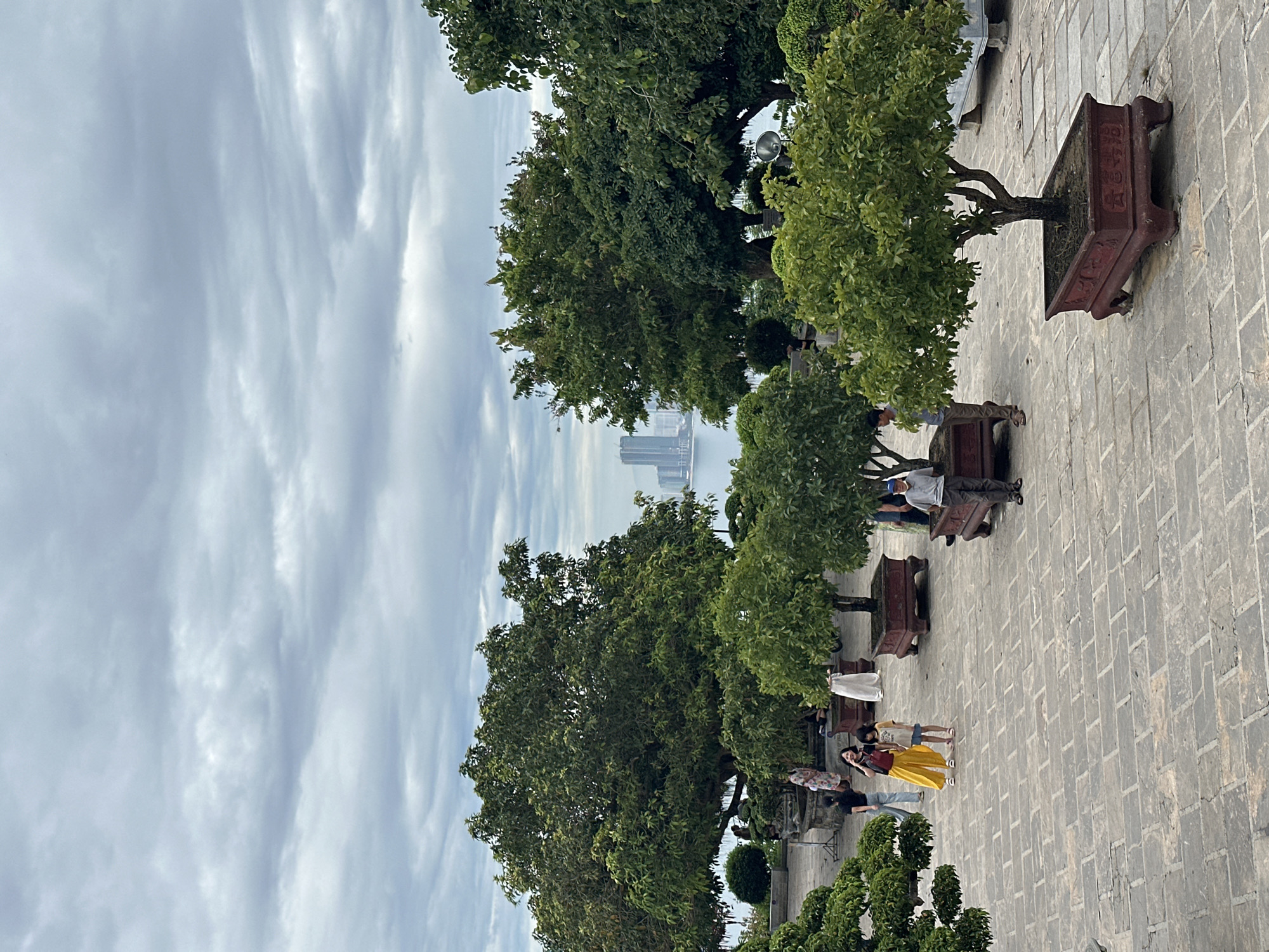 The image depicts a slightly overcast day at a garden or park area with stone paving. Several people are present, engaged in various activities. In the foreground, a woman in a yellow top and yellow pants stands next to a young girl in a yellow t-shirt and blue shorts, both looking in the direction of the camera. To the right, a man in a light-colored shirt and grey pants stands facing away from the camera, with a blue baseball cap on.
The environment features numerous potted trees, some of which appear to be bonsai, arranged on the stone ground. In the background, a body of water is visible, beyond which a city skyline with several modern high-rise buildings can be seen. The presence of these buildings suggests a location within or near an urban area. Given the architectural style of the buildings and the presence of tropical foliage, this scene is likely located in Đà Nẵng, Vietnam. The location appears to be a public space, possibly a temple complex or a scenic overlook, given the historical stone paving and the presence of mature trees.