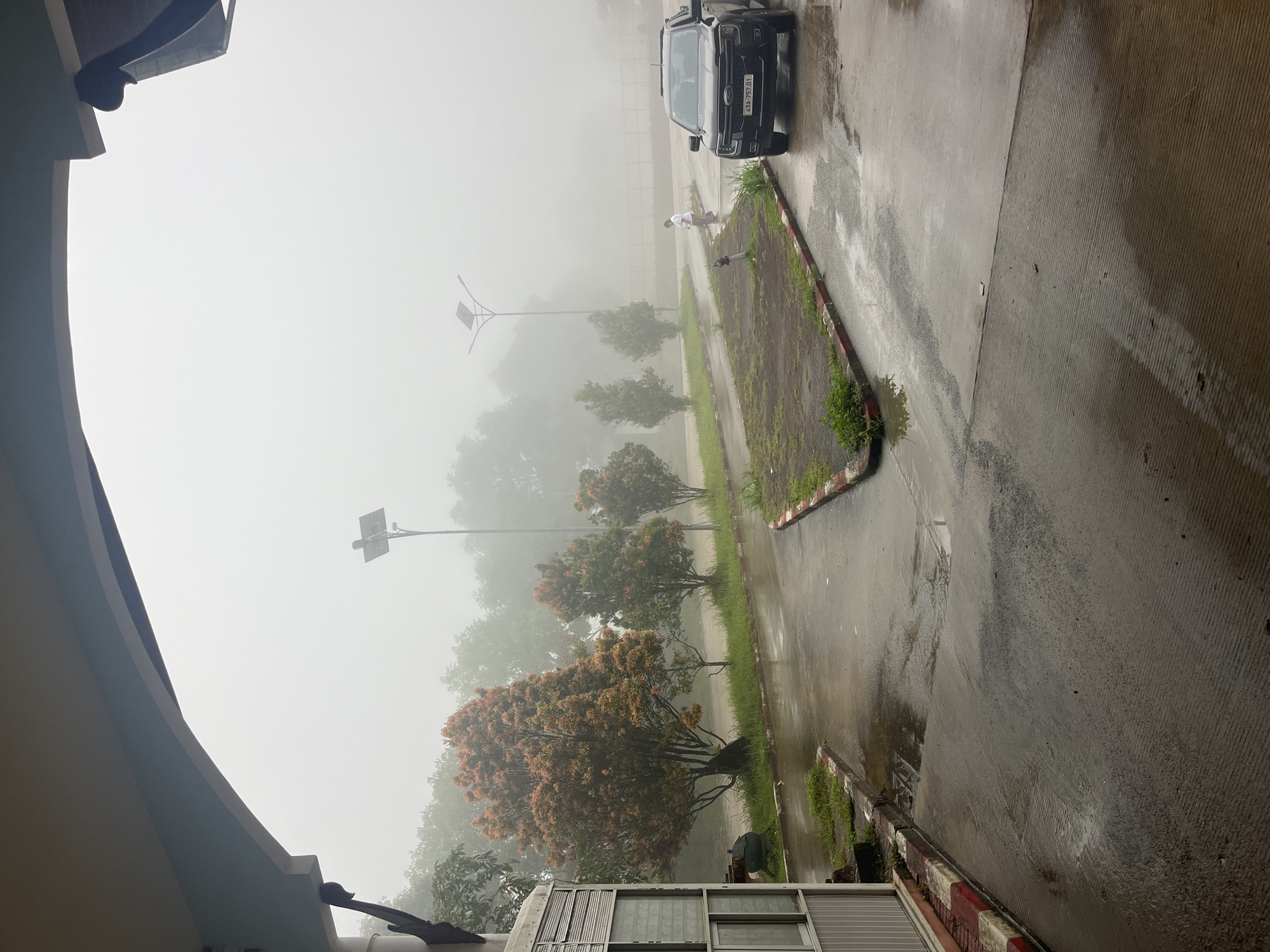 The image depicts a misty outdoor scene in Xayden, Laos. A black pickup truck with license plate "49A-757.01" is parked on a wet asphalt road. To the left of the truck, a person wearing a white shirt and light-colored pants walks away from the vehicle. The area features a concrete walkway with red and white striped borders, and patches of grass. In the background, several trees with reddish-orange foliage are visible, interspersed with other green trees, all partially obscured by fog. Two lampposts with solar panels stand in the distance. The foreground shows a wet, textured concrete surface.
