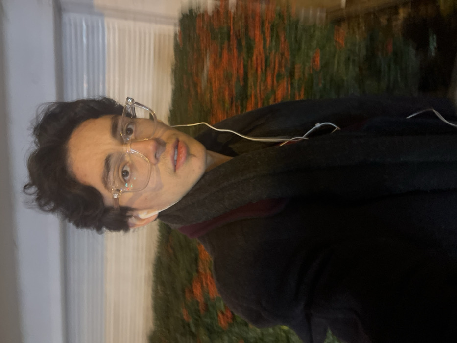 The image displays a young person, likely male, situated outdoors during what appears to be evening or nighttime. The individual is positioned centrally in the frame, looking directly towards the viewer with a neutral expression. They have dark, curly hair and are wearing clear-framed glasses. White wired earphones are visible, plugged into their ears with the wires running down the front of a dark coat or scarf they are wearing.
In the background, to the person's left, a light-colored, possibly white, building or structure with vertical detailing is present. To the right and behind the person, a dense hedge or bush with bright orange-red berries or flowers adds a contrasting color element. These background features are softly blurred, indicating a shallow depth of field. The ambient lighting is dim, consistent with dusk or night conditions, possibly under artificial light sources. No specific activity beyond posing for the camera is discernible. There is no visible text. The location context provided for the scene is Villeneuve-d'Ascq, France.