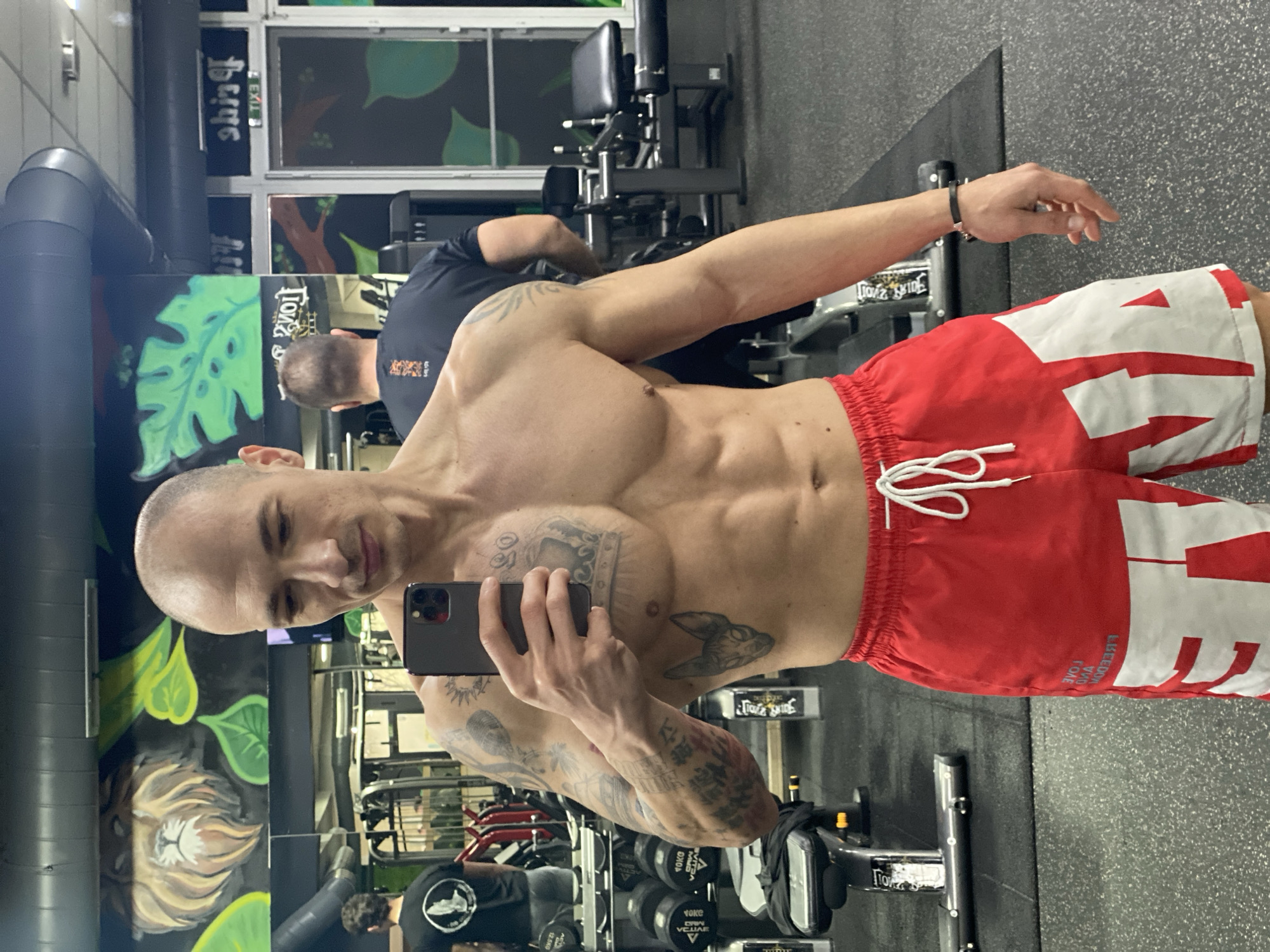A muscular, bald man is taking a selfie in a gym. He is wearing red shorts with white lettering that reads "FREEDOM LOVE HOPE." His torso is bare, showing defined abdominal muscles and chest. He has numerous tattoos on his arms and chest. The gym has various weight machines and dumbbells visible in the background. Another man is seen in the background, wearing a black shirt, seemingly focused on his workout. A mural depicting a lion is visible on the wall. The location appears to be a gym, but no specific details indicate it is in Pleven, Bulgaria.