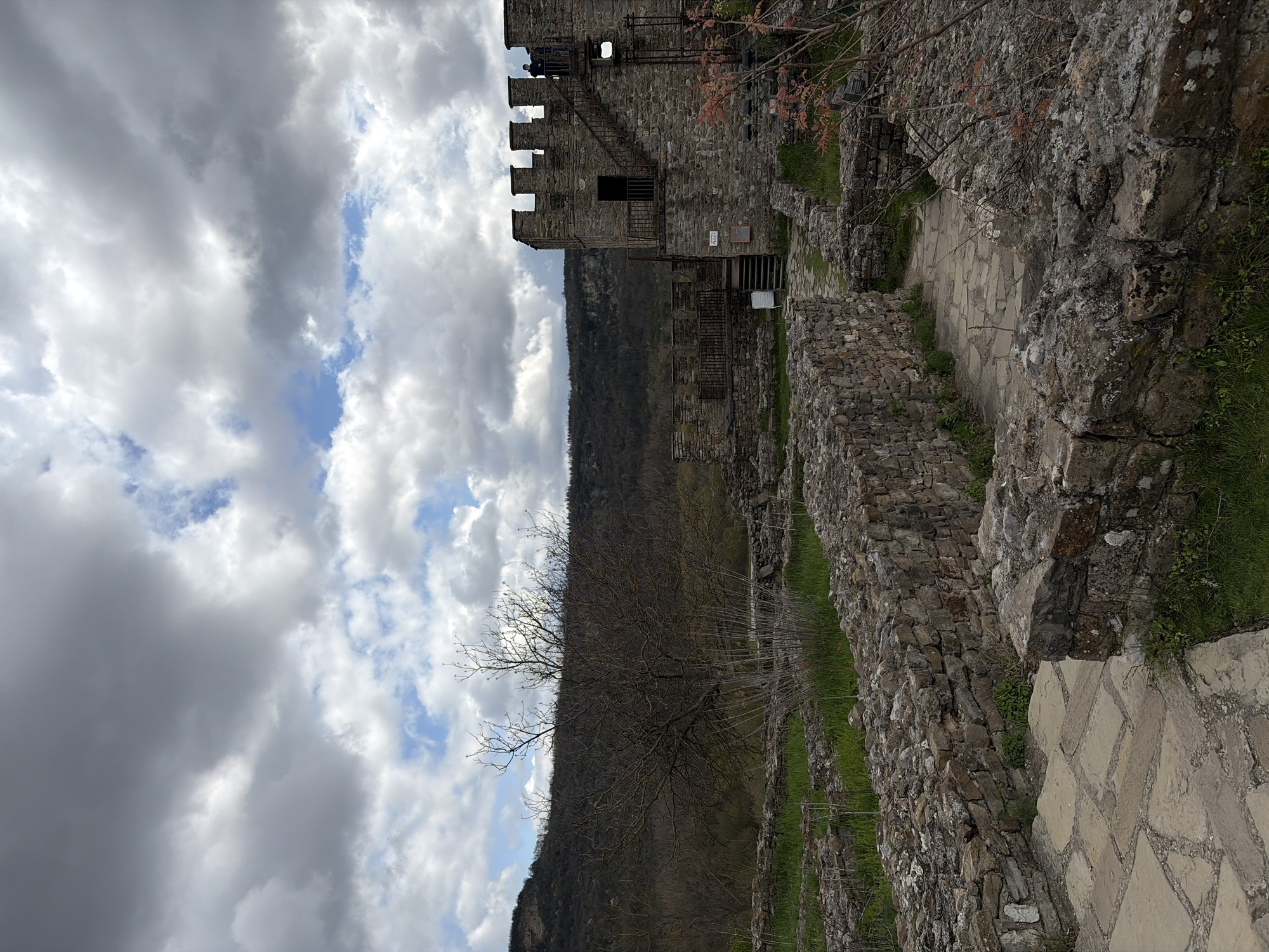 The image depicts a section of the medieval Tsarevets Fortress in Veliko Tarnovo, Bulgaria. A stone tower stands tall with battlements and visible metal stairs. Two people are visible at the top of the tower. To the right, a stone pathway leads further into the fortress, bordered by stone walls and vegetation. In the background, a tree and forest-covered hills stretch into the distance. The sky is filled with gray and white clouds, with patches of blue visible.