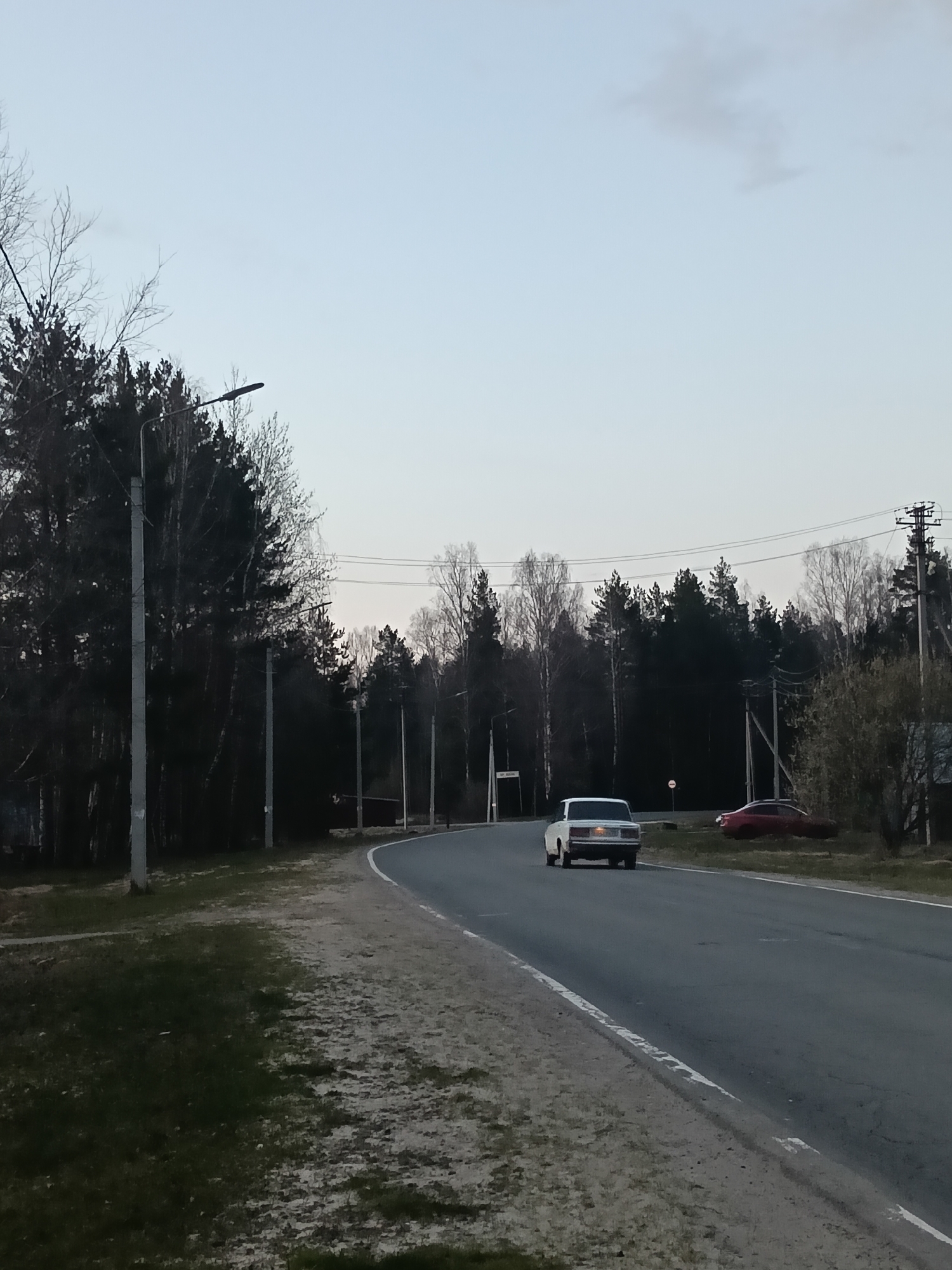 The image captures a rural or semi-rural road scene at dusk or early evening in Красный Маяк, Russia. A two-lane asphalt road curves gently to the right, bordered by a gravel and grass shoulder. On the left, tall coniferous trees and bare deciduous trees form a dense forest line, interspersed with several utility poles holding streetlights. A white, older model sedan (resembling a Lada) is seen from the rear, driving away from the viewer along the road.
To the right of the road, another red sedan is parked off the shoulder in a grassy area. More trees, a mix of dark evergreens and lighter deciduous ones, line the right side of the road further back. Multiple power lines are visible, stretching across the scene between wooden and concrete poles.
The sky is a pale, muted blue-grey, indicating either dawn or dusk, with soft, ambient light. There are no prominent clouds, suggesting clear weather. The streetlights are visible but do not appear to be fully illuminated, consistent with the fading natural light.
On the far left, near what appears to be an entrance to a side path or small lane, a white sign with dark Cyrillic text is visible. Although somewhat blurry, it reads "УЛ. ЗЕЛЁНАЯ" (Ul. Zelenaya, meaning Green Street) and "Д. 1" (Dom 1, meaning House 1), indicating a street address. Further down the road, a small circular road sign is partially obscured by a utility pole. The overall impression is one of a quiet, transitional moment at the edge of a forested area.
