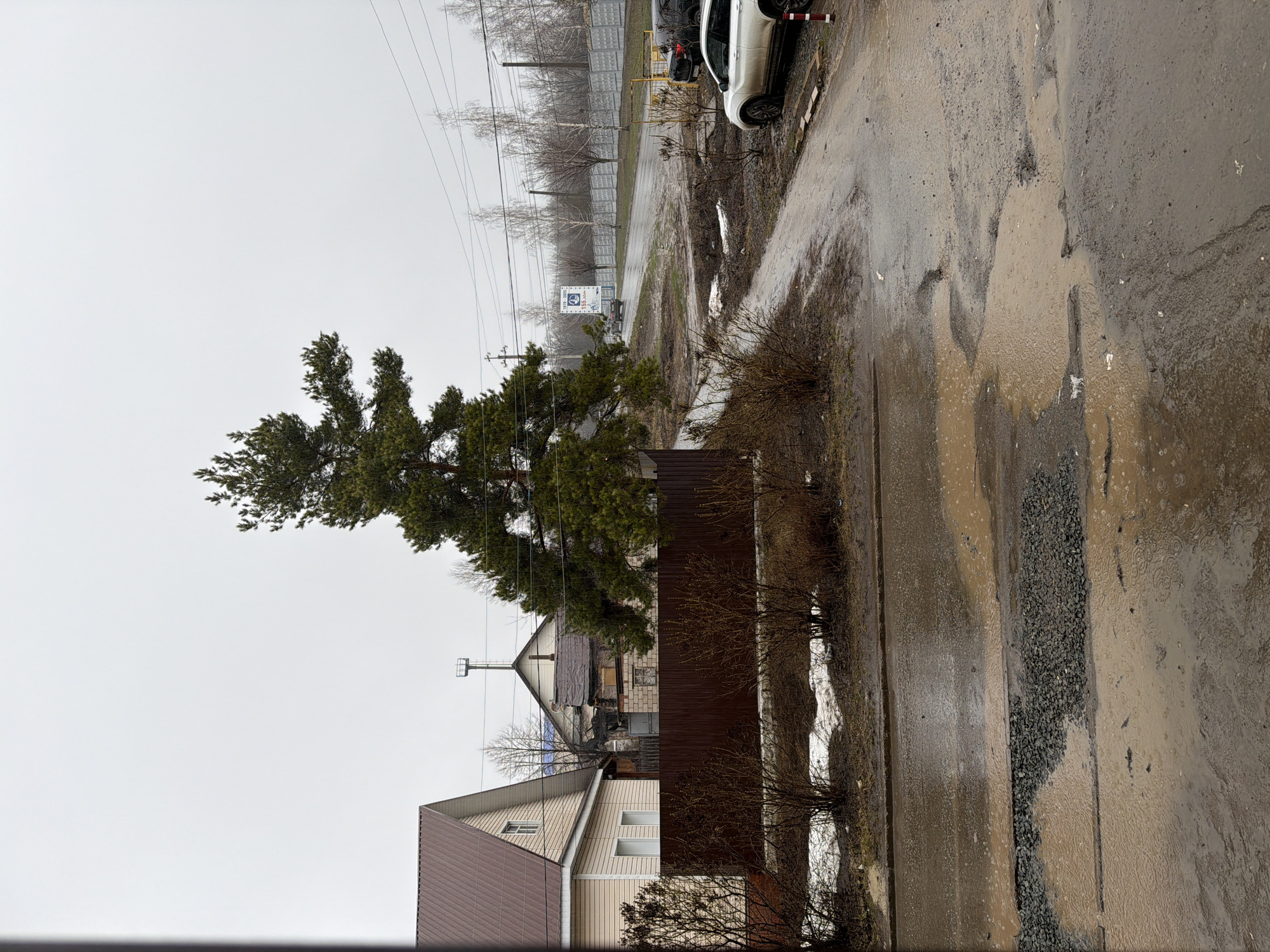 The image shows a residential scene in Sarapul, Russia on a wet, overcast day. The foreground features a brown fence and a muddy street with puddles and patches of gravel. Remnants of snow can be seen along the edge of the street. A tall evergreen tree stands behind the fence, partially obscuring the view of two houses with pitched roofs. One house has a brown roof and beige siding, while the other appears older, with a grey roof and exposed brick on the back. Overhead power lines stretch across the sky. In the distance, a road runs alongside a grey concrete fence and bare trees. A few parked cars are visible. There is no visible human activity.