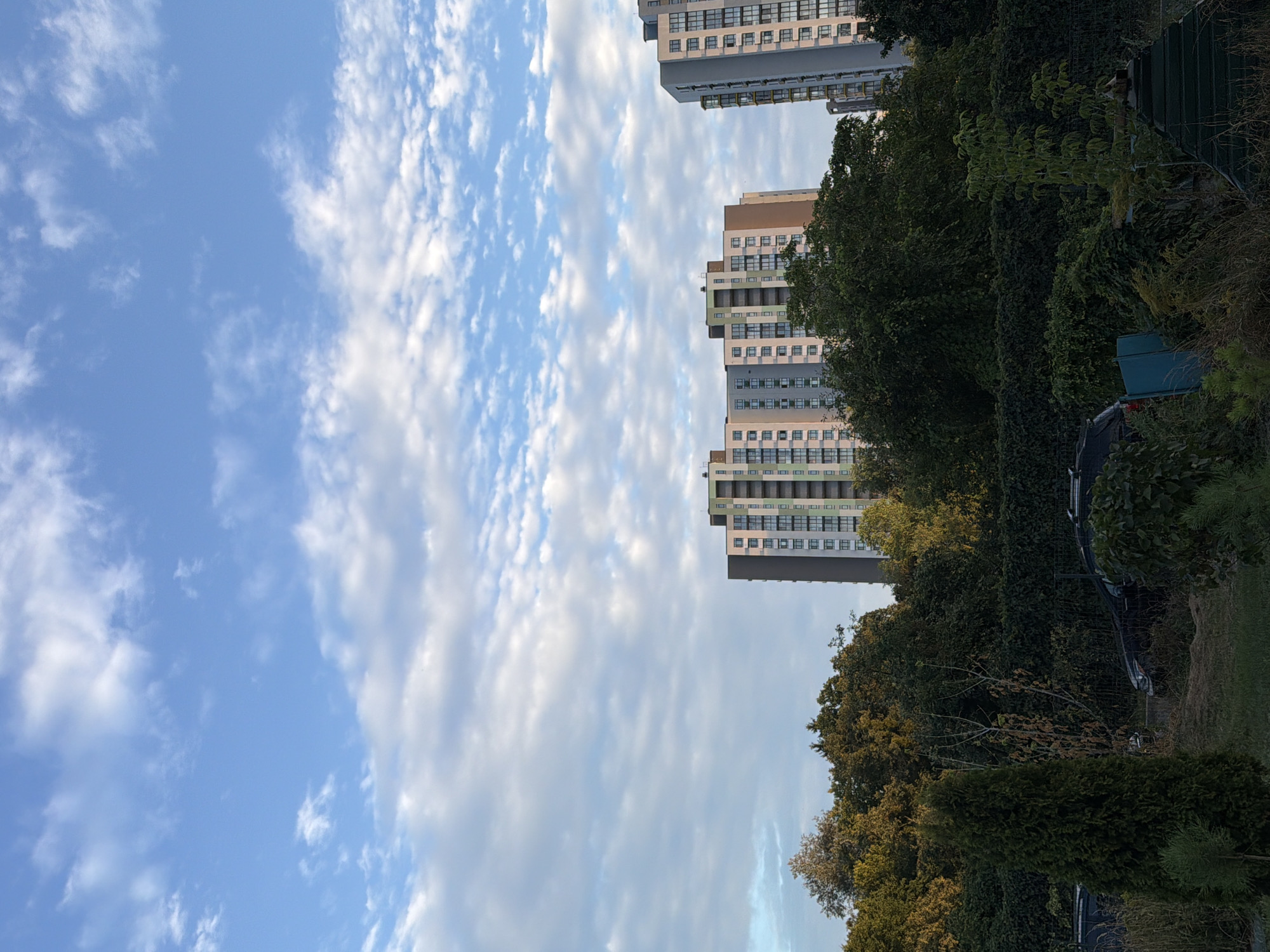 The image shows a view of apartment buildings and trees in Kyiv, Ukraine. The sky is blue with scattered white clouds. In the foreground, there are several trees and bushes, with a dark-colored car partially visible behind the foliage. Two tall apartment buildings, one predominantly pink and grey and the other grey, are visible in the background, rising above the trees. The lighting suggests it is daytime, possibly late afternoon, given the long shadows cast by some of the vegetation.