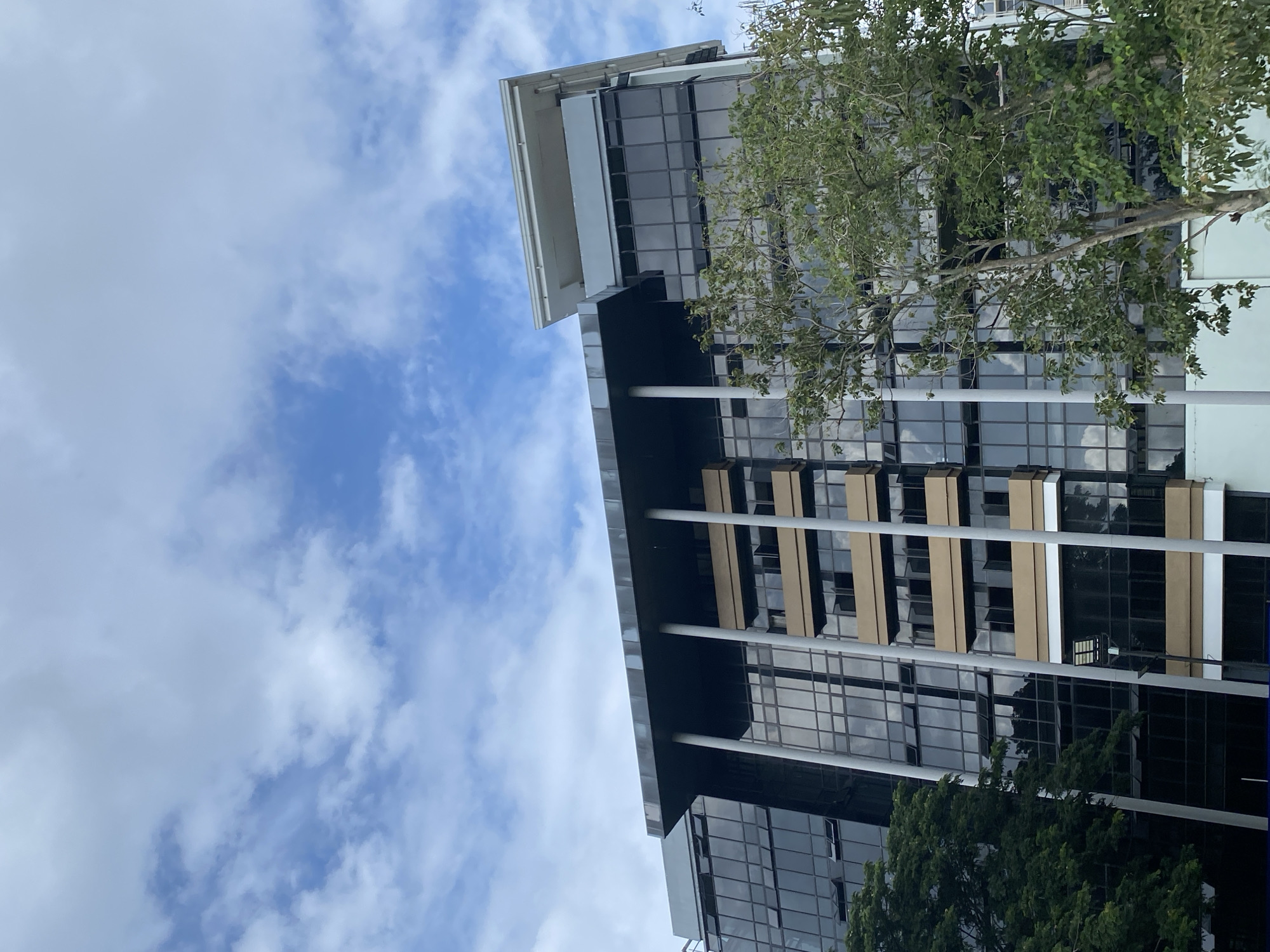 A low-angle shot shows the modern architecture of a multi-story building in Davao City, Philippines, juxtaposed against a partly cloudy sky. The building features a facade of black-framed glass windows, interrupted by tan, vertical rectangular elements and white support columns. A tree with green leaves partially obscures the view of the building. The cloudy sky is visible in the background and reflected in the windows of the building. The building is oriented diagonally in the frame, giving a dynamic perspective.