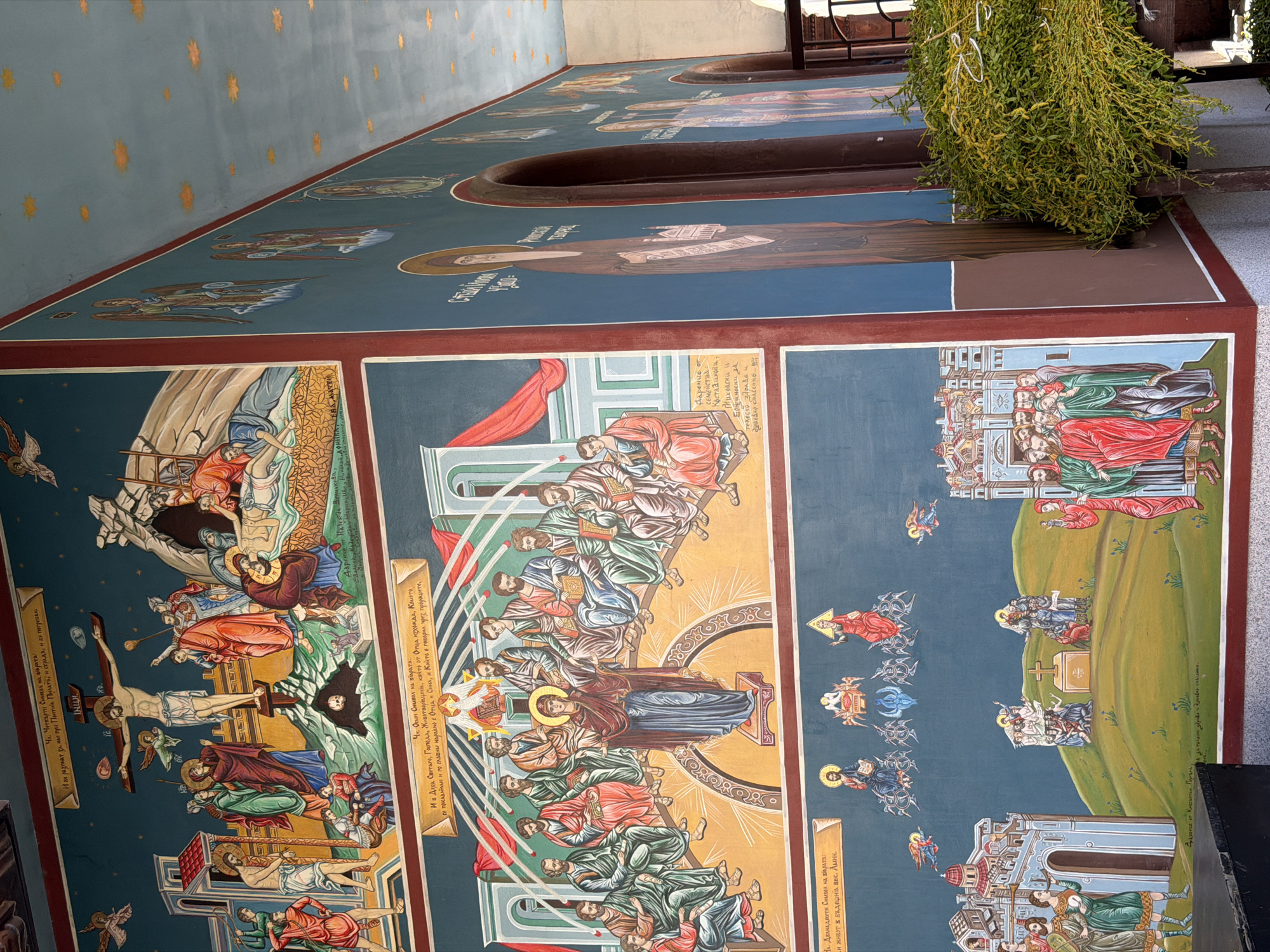 The image shows a wall of frescoes, likely located within a church or monastery, featuring religious scenes. The frescoes are divided into rectangular panels with a dark red border. The first row of panels depicts various biblical scenes, including the crucifixion of Jesus, the descent of the Holy Spirit, and depictions of the resurrection. Text in the local language is painted within each panel, describing the specific scenes.
The second row has full figure portrayals of religious figures or saints. A row of gold stars are painted on the blue ceiling. The location is likely a religious building in Sofia, Bulgaria. A bush is in the top right of the image.
