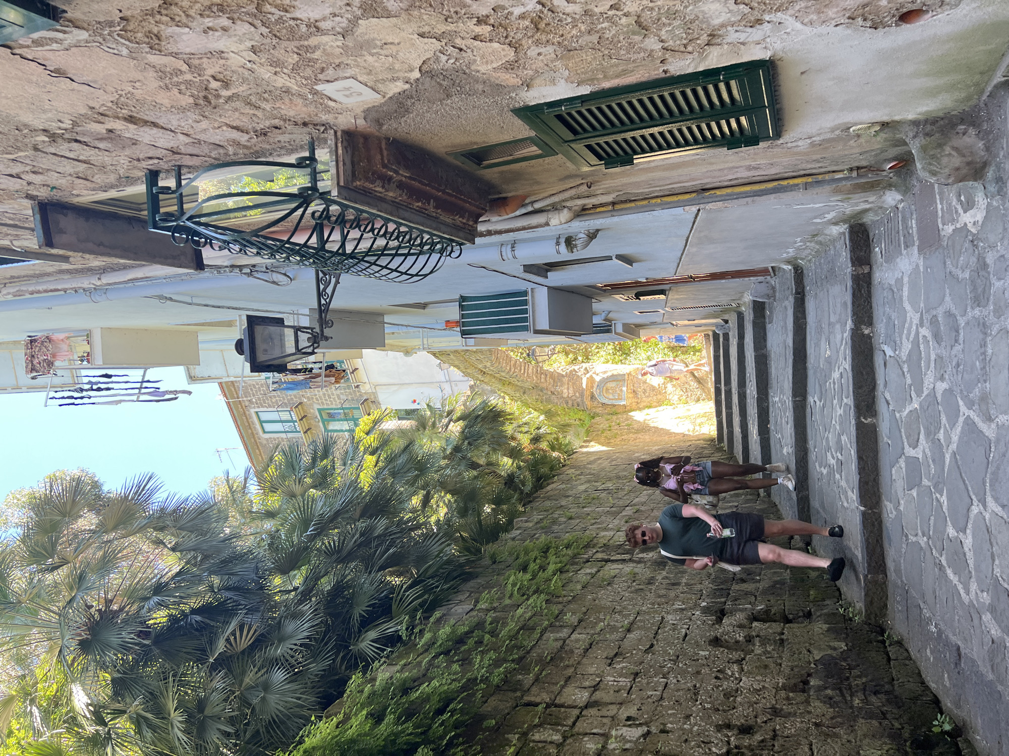 This image shows a steep, narrow, cobblestone street in Sorrento, Italy, lined with ancient stone walls and buildings. Lush palm trees and green foliage cascade down from a higher level along the left side of the street. Two individuals are walking down the stairs. The person in front, appearing to be a man, is wearing a dark green t-shirt, dark shorts, and black slip-on shoes, and is carrying a white tote bag and a bottle of water. The person behind him, appearing to be a woman, is wearing a pink tank top, denim shorts, and white sneakers, and has her hair styled in pigtails. Further up the stairs, several other individuals can be seen walking. The architecture of the buildings suggests a historic Mediterranean setting. The sunlight casts shadows, indicating it is daytime.