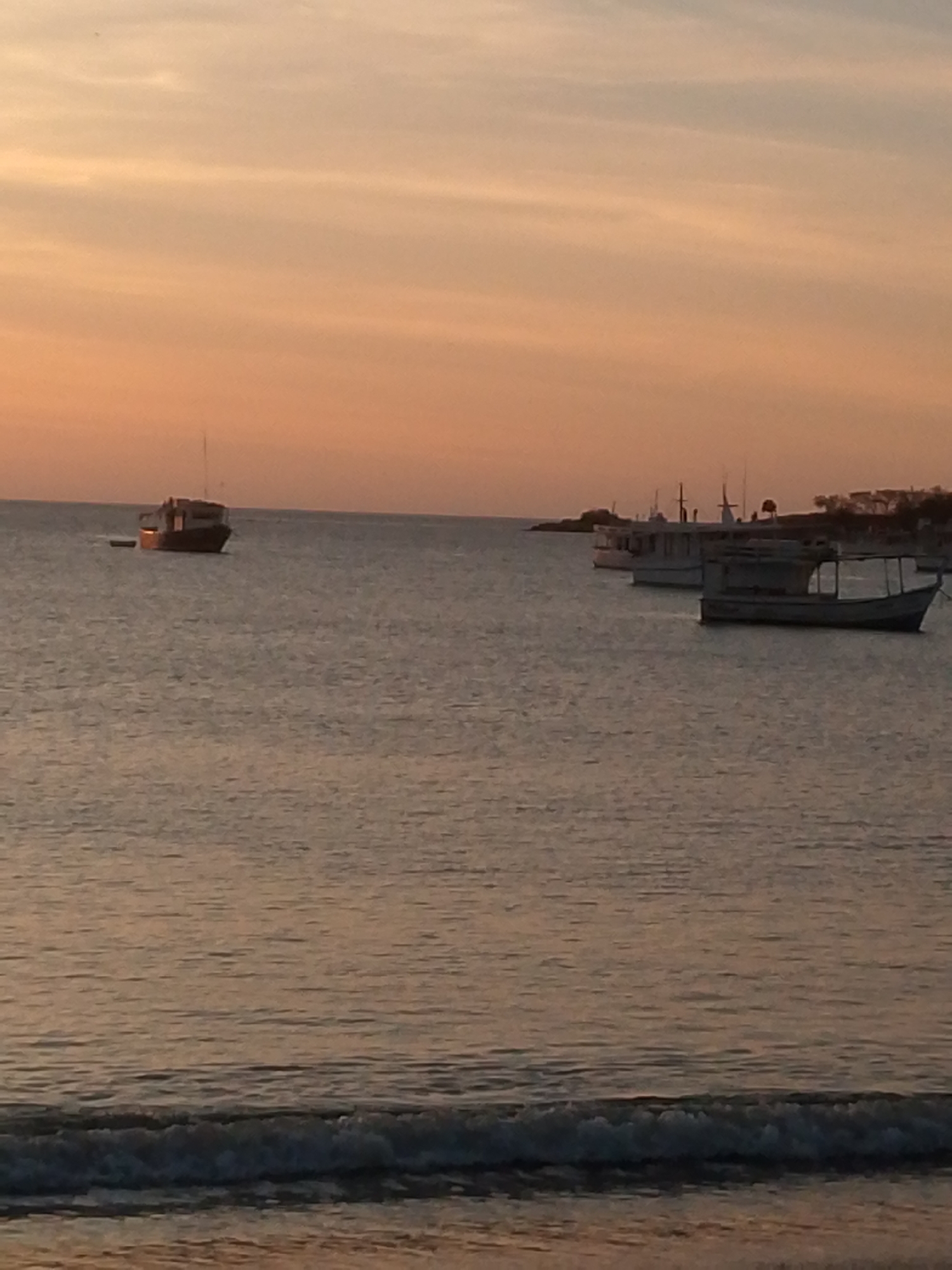 The image depicts a coastal scene at sunset in Juan Griego, Venezuela. The sky, occupying approximately the top half of the frame, displays a gradient of soft orange, pink, and light blue hues with visible cloud streaks. The lower half of the frame consists of calm, dark blue-grey water, reflecting the sky's colors.
In the foreground, the water shows minor ripples and a single, low wave breaking near the bottom edge. Multiple boats are anchored in the middle distance. On the far left, a larger, dark-hulled boat with a visible mast is present, accompanied by a small, dark, oblong object floating nearby. To the right, a cluster of approximately three to four smaller, lighter-colored boats, some with rudimentary shelters, are visible, silhouetted against a distant landmass. This landmass, located on the right side of the horizon, shows the outline of trees or foliage and what appears to be a small structure. No individuals are visible in the scene.