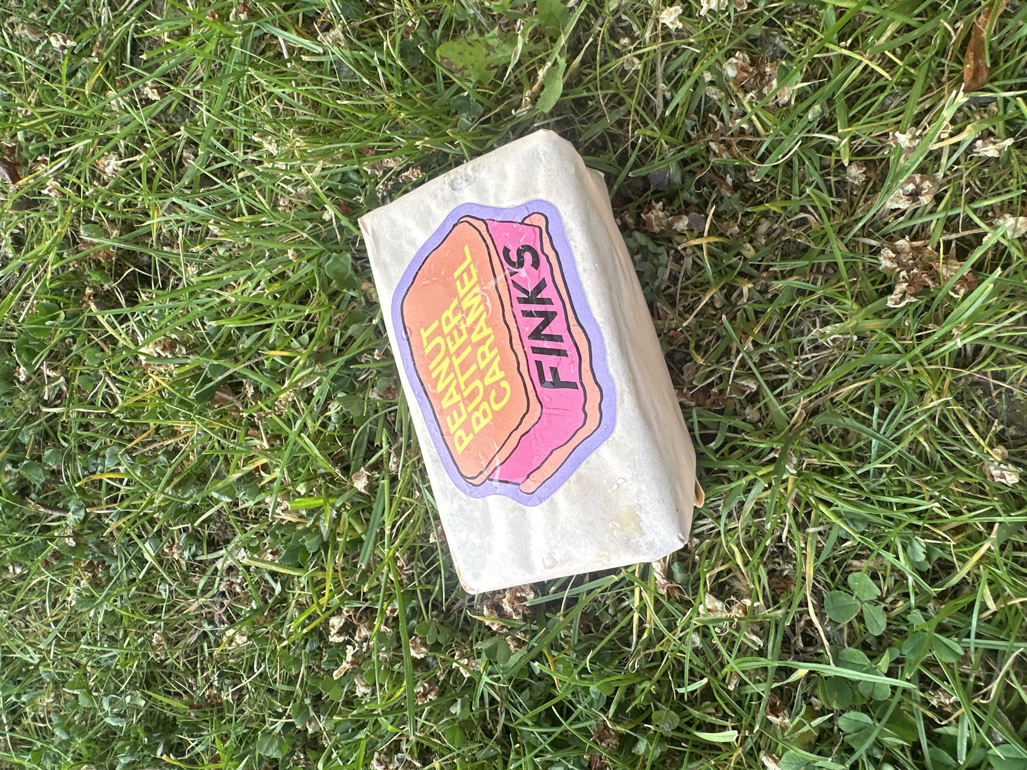 The image shows a Fink's Peanut Butter Caramel bar lying on a patch of grass. The bar is wrapped in paper with a sticker featuring the brand name and flavor. The surrounding environment consists of green grass with some brown leaves and clover. The location is not discernible from the image.