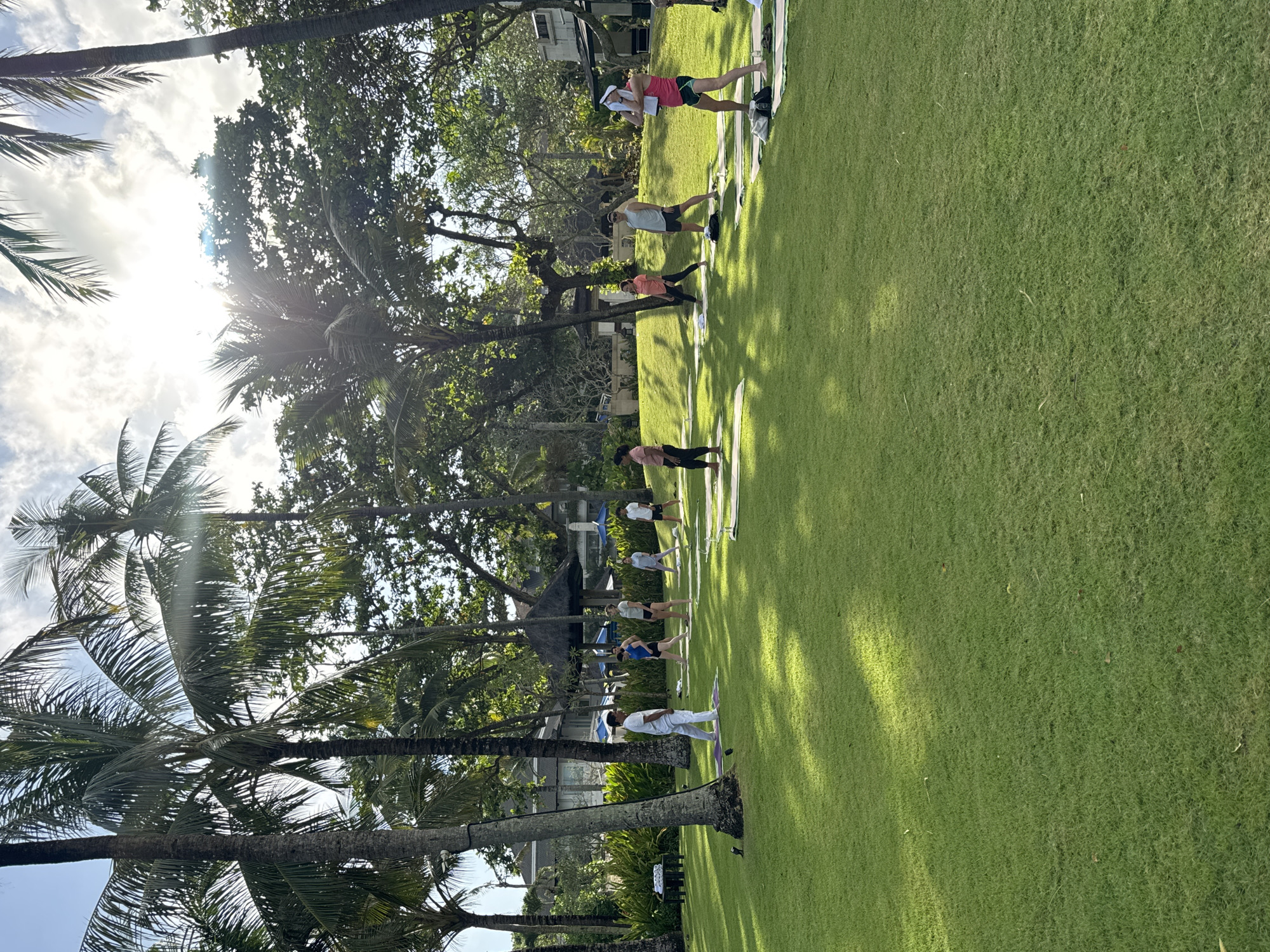The image captures a yoga session taking place on a grassy lawn near a row of palm trees in Jimbaran, Indonesia. Seven individuals are spaced out on yoga mats, positioned in a line. The individuals' clothing varies in color, ranging from white to pink to blue. The background includes lush greenery, possibly more trees, and glimpses of buildings behind the yoga participants. Sunlight filters through the trees, creating shadows on the grass. The sky is visible between the palm trees, displaying scattered clouds.