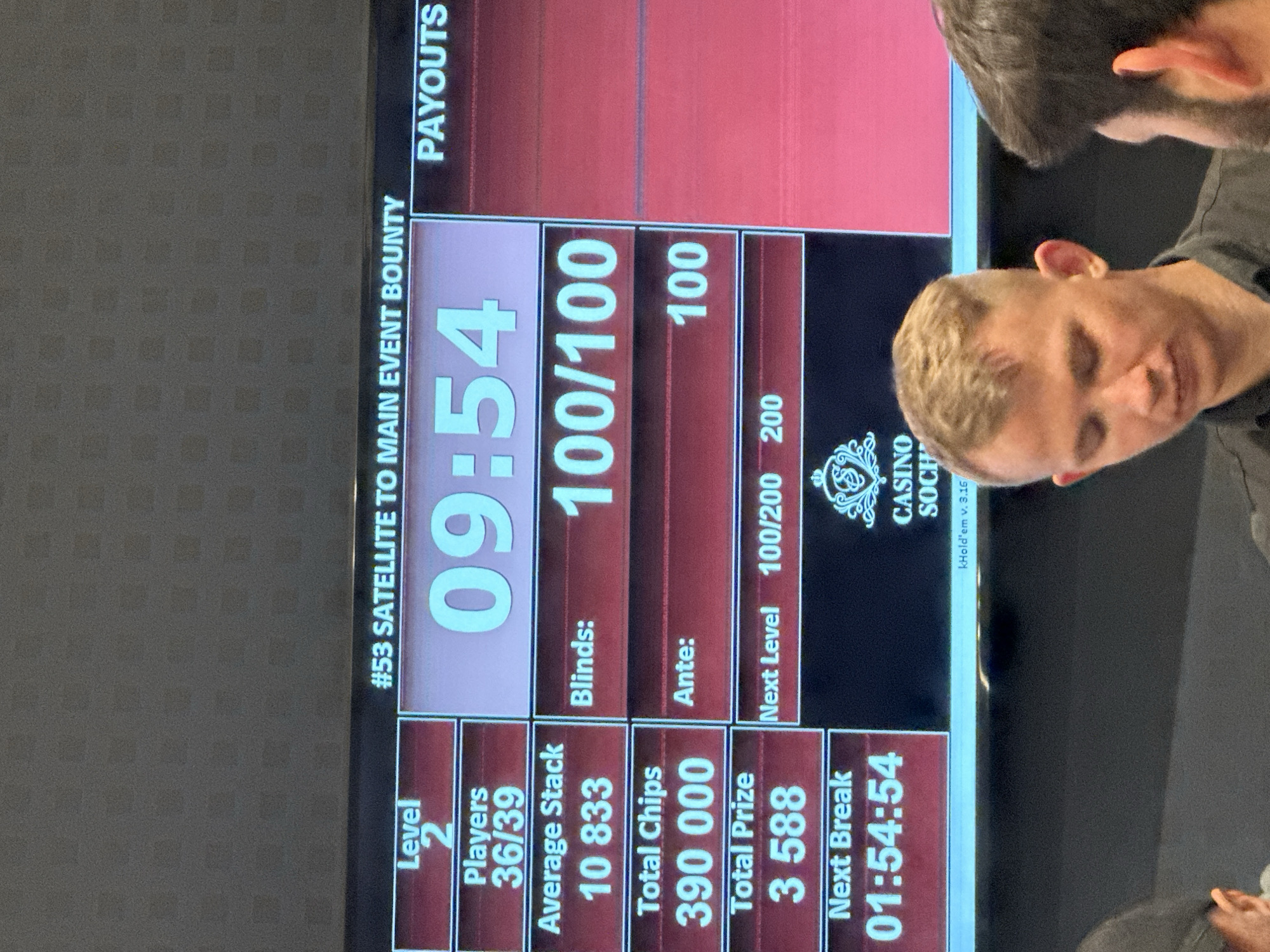 The image shows a display screen in a casino in Estosadok, Russia, specifically for a poker tournament. The screen displays real-time tournament information: Level 2, 36 of 39 players remaining, average stack of 10,833 chips, total chips at 390,000, blinds at 100/100, ante at 100, next level 100/200 with ante of 200, total prize money at 3,588, and next break in 01:54:54. The tournament is #53, a satellite to the main event bounty. Two men are visible in the foreground; one is in sharp focus and is listening intently.