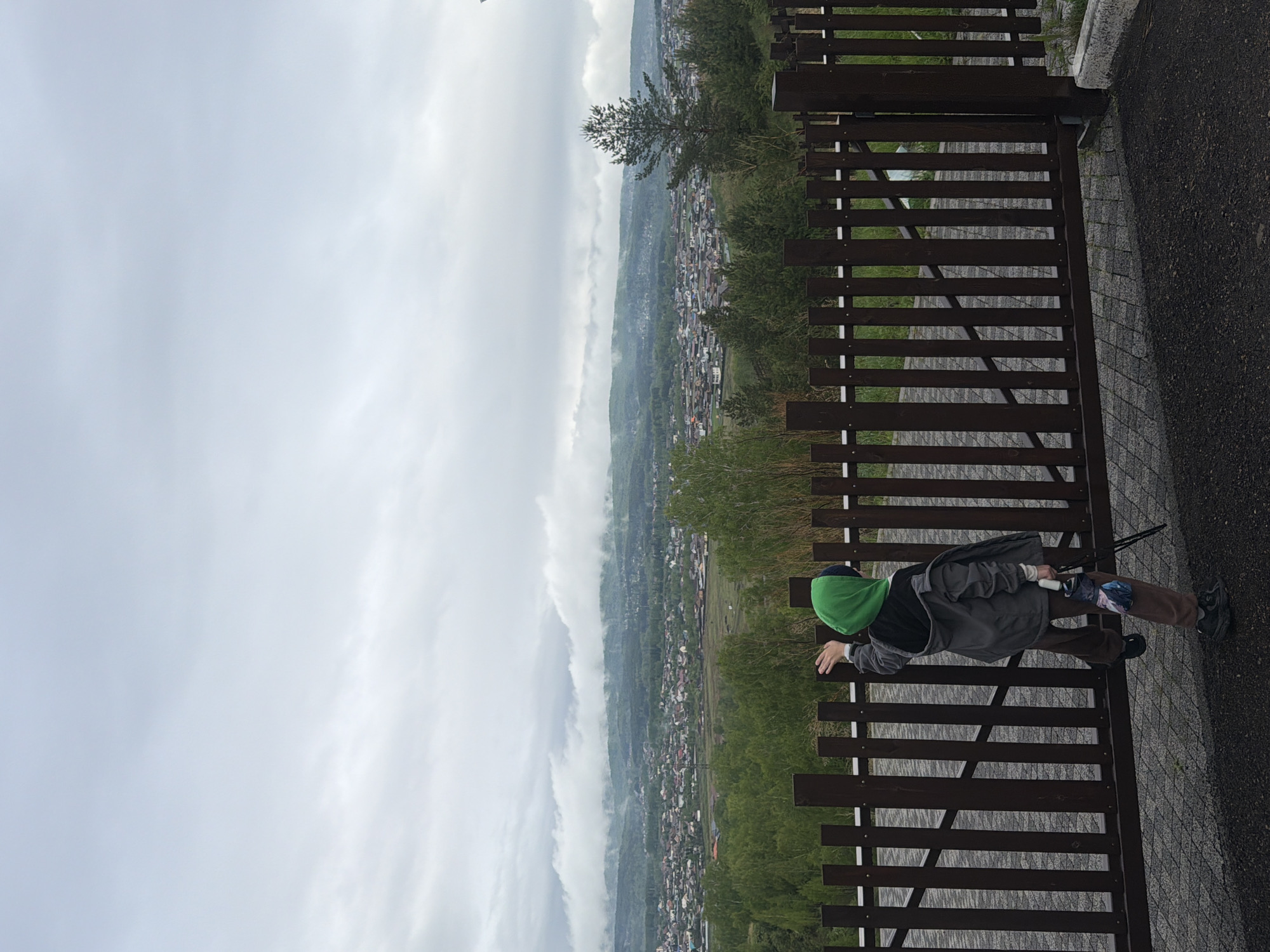 A person stands beside a wooden fence, overlooking a cityscape nestled in a valley surrounded by green hills. The sky is overcast, with thick clouds. The person wears a green hooded sweatshirt, a gray jacket, brown pants, and black sneakers. They are holding a folded umbrella. A paved path runs alongside the fence. The location is presumed to be Shamoni, Russia.