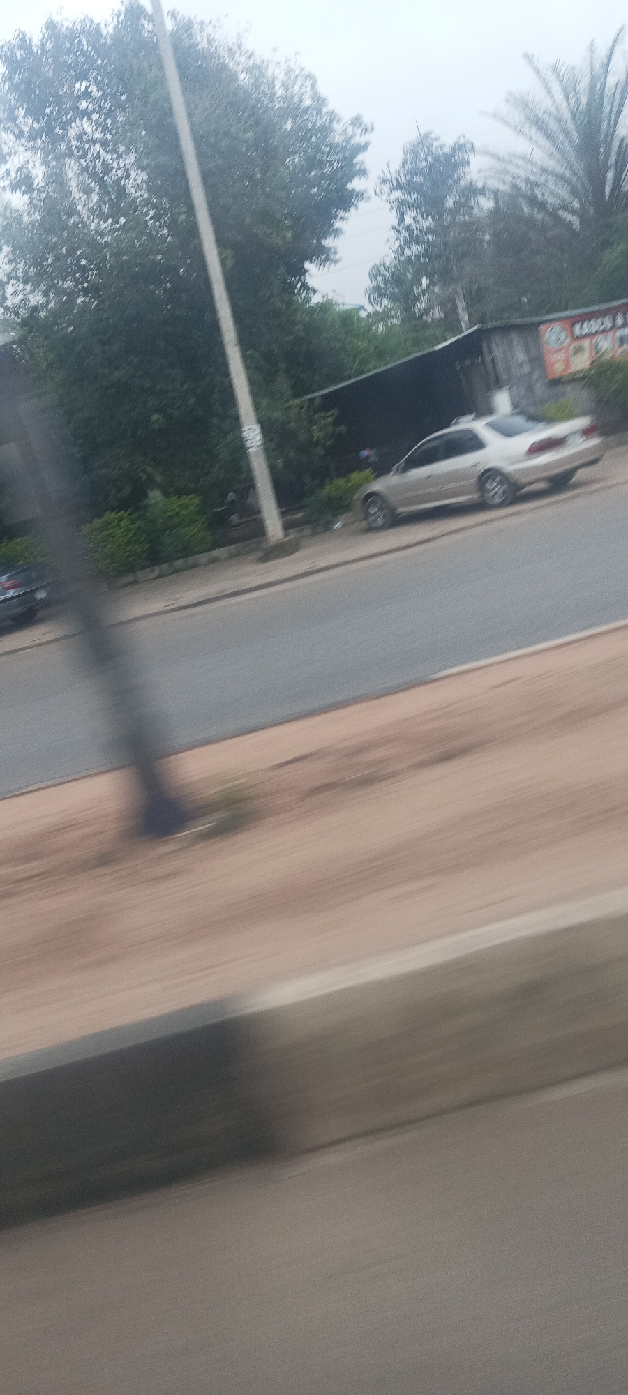 The image captures a blurry street scene from a moving vehicle under an overcast sky. A paved road stretches across the mid-ground, flanked by a dirt shoulder and a low curb on the right. A prominent light-colored utility pole stands to the left of center, extending from the ground upwards.
On the left, part of a dark-colored car is visible. Further right, a light gold or silver sedan is parked on the roadside. Behind the vehicles and the curb, there is a strip of low green bushes, followed by dense, dark green trees, including what appears to be a palm tree frond towards the top right.
In the background on the right, a single-story building with a dark roof is present. A signboard is affixed to its side, displaying partial text that reads "KADOS & C" along with several images of food items. The overall scene depicts a commercial or residential area beside a road, characterized by lush vegetation and roadside infrastructure, fitting the context of Gura Top, Nigeria. The motion blur throughout the image suggests it was taken while traveling.