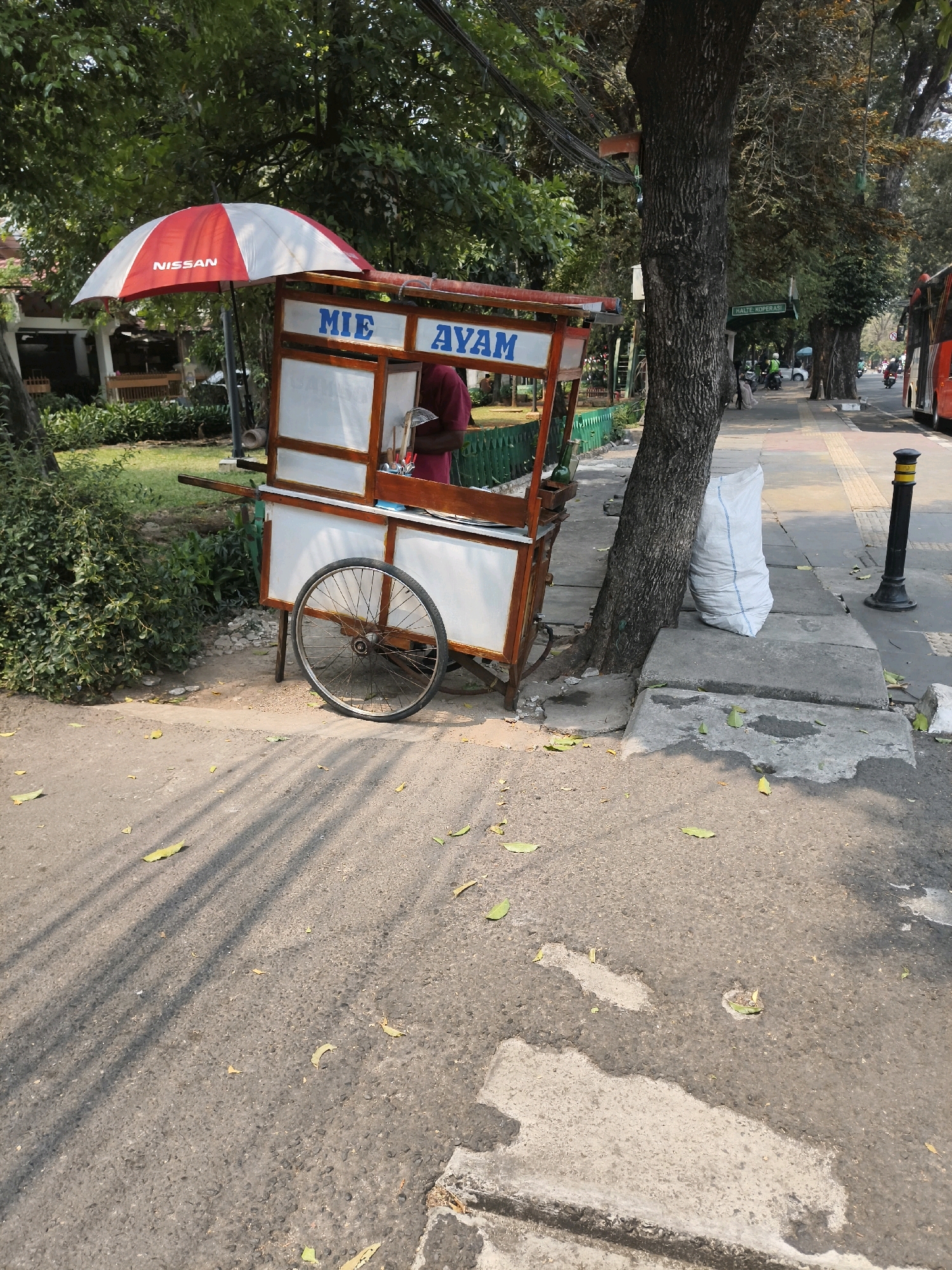 A street vendor's cart, selling "MIE AYAM" (chicken noodles), is parked on a sidewalk next to a tree in South Jakarta, Indonesia. The cart has a red and white umbrella with a "NISSAN" logo. A person wearing a maroon shirt is partially visible behind the cart. A large white sack leans against the tree. The sidewalk is paved with concrete slabs, and the street is asphalt. Fallen leaves are scattered on the ground. In the background, there are more trees, a green fence, and a glimpse of a red bus. The scene appears to be a typical street setting in an urban environment with a focus on local street food vending.