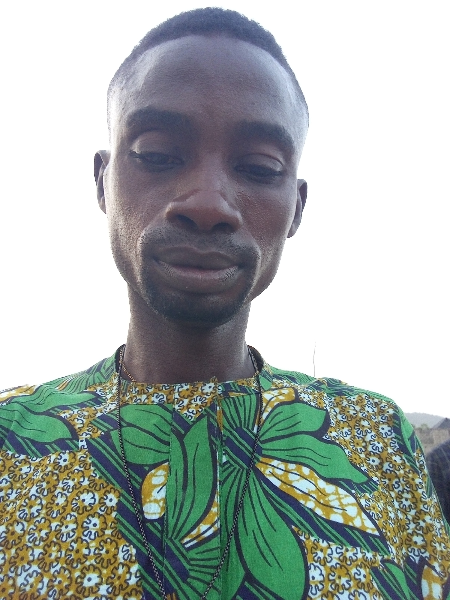 A medium shot depicts a man looking downward, wearing a green, yellow, and blue patterned shirt with a chain necklace. The background is a blurry landscape with a bright white sky. The location is unknown.