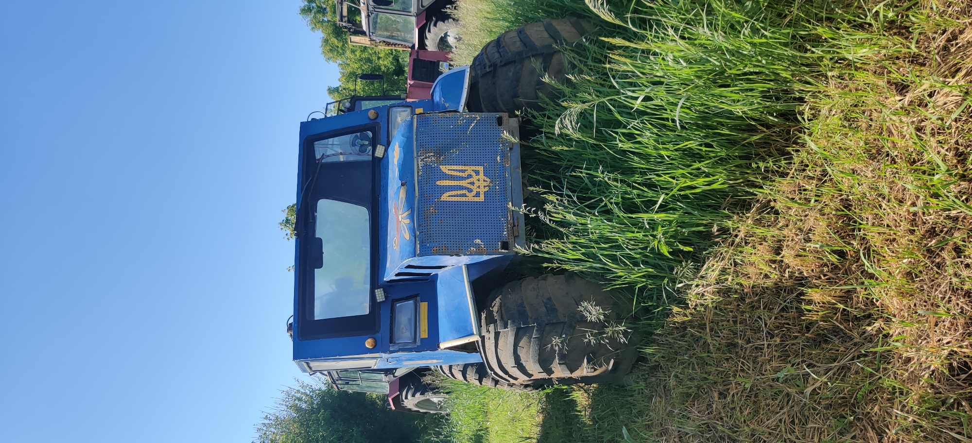 The image displays a robust, multi-wheeled blue vehicle, likely an all-terrain vehicle or specialized tractor, parked in a sunny, grassy field. The vehicle features a cabin with large windows and bright LED lights mounted on the front. Its front panel, which appears to be a perforated grille, is painted blue and prominently features a large, yellow Ukrainian national emblem (Tryzub). Faint, faded artistic designs, possibly a flower, are also visible on the side of the blue vehicle.
In the background, parts of other heavy machinery or tractors are visible, suggesting the location could be a storage yard or an area for agricultural/utility equipment. The foreground and mid-ground are dominated by tall, vibrant green grass mixed with patches of drier, brownish grass. A clear, bright blue sky with no clouds forms the upper portion of the image. The sunlight indicates it is daytime. The scene suggests a rural or semi-rural setting consistent with the provided location context of Rizunenkove, Ukraine. There are no people visible, and the vehicles appear stationary.