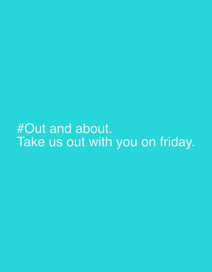 The image is a light turquoise background with white text that reads "#Out and about. Take us out with you on friday." The image appears to be a promotional social media post.
There is no visual information in the image regarding the location of Luzhkovo, Russia.