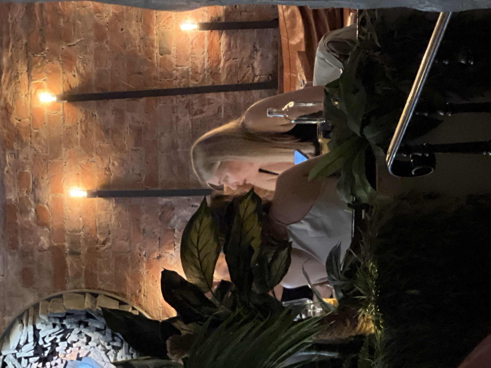 The image captures an indoor scene within a dimly lit restaurant or bar in Moscow, Russia, characterized by a rustic yet modern aesthetic. The background features a textured wall of exposed reddish-brown brick, illuminated by multiple vertical black sconces, each topped with a warm, bare incandescent bulb. On the far left, a circular decorative element, possibly a mirror or artwork with a mosaic-like pattern of various grey and off-white pieces, is mounted on the brick wall.
In the midground, a woman with long, straight blonde hair, wearing a dark (likely black) tank top or camisole, is seated at a table. She is turned to her left, appearing to be in conversation or observing something off-frame. Her left arm rests on the table, with a mobile phone displaying a bright blue illuminated screen nearby. A clear, empty glass bottle is positioned on the table to her right. To her left, partially obscured by lush green foliage that dominates the foreground and midground, another individual is visible. This person wears a light-colored top with a thin strap, with only their back, shoulder, and part of their head discernible. A third person's arm and shoulder are faintly visible further to the left, behind another cluster of plants.
The foreground is filled with dense green plant arrangements, creating a natural screen and adding to the venue's decor. A wine glass is partially visible behind the plants on the left. On the lower right, a dark metal railing with ornate, decorative posts and a gleaming silver handrail extends diagonally into the frame. A white cloth is draped over what appears to be a chair or table edge on the right side of the blonde woman. The overall atmosphere is intimate and warm, typical of a trendy urban establishment.