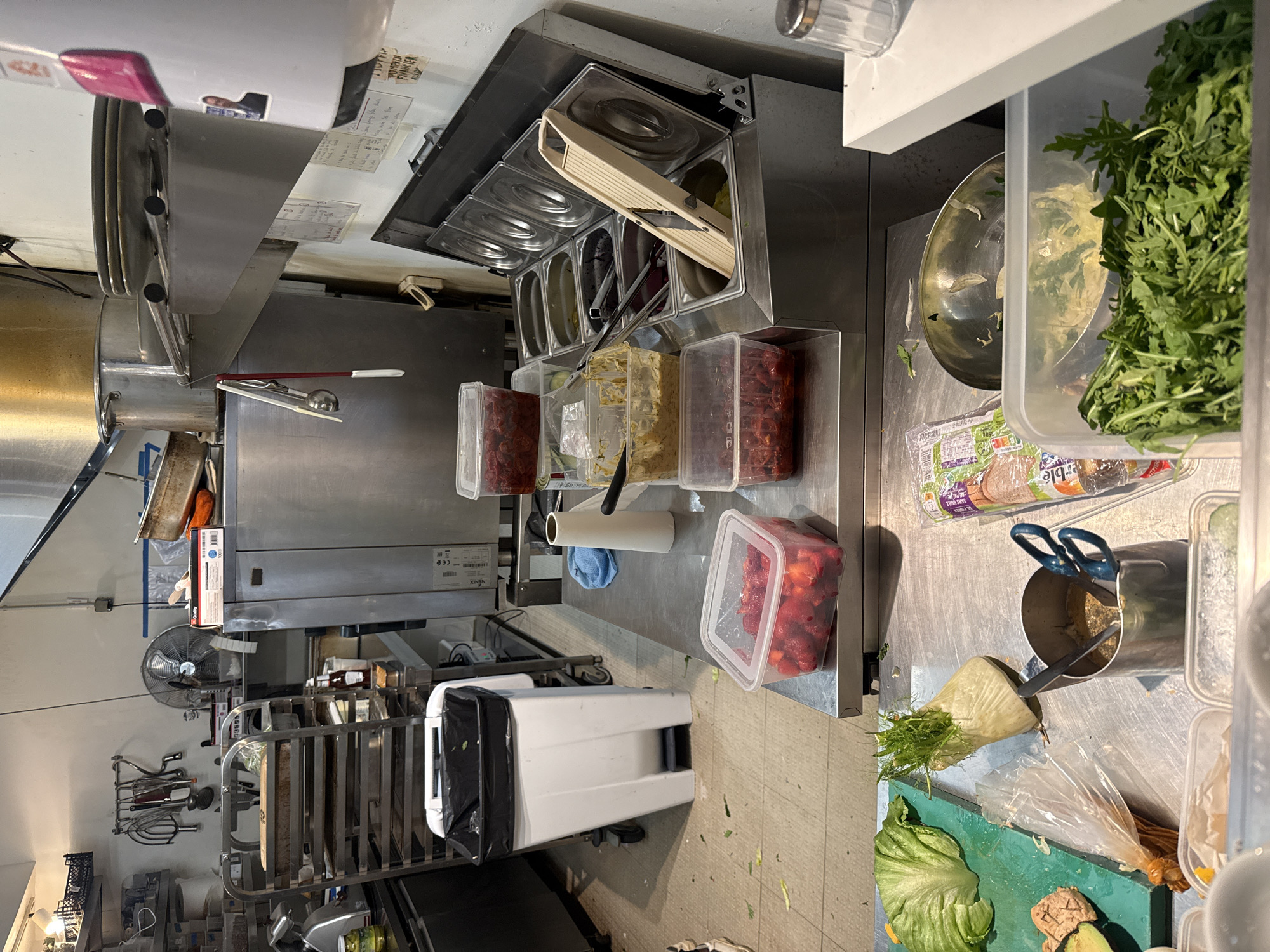 The image depicts a commercial kitchen environment, likely a restaurant or food preparation area. The overall scene is one of active food preparation, with various ingredients and equipment visible.
In the foreground, there are several clear plastic containers filled with food items. One container holds chopped strawberries, another appears to contain dried cranberries or cherries, and a third contains a mixture of what looks like chopped tomatoes or red peppers. To the left, a green cutting board is partially visible with a head of lettuce and sliced avocado on it. A fennel bulb with its fronds is also present on the metal countertop. A small metal container holds scissors and a utensil, possibly for dressing or condiments.
In the midground, a stainless steel counter runs horizontally, supporting a collection of ingredients and equipment. A large white trash can with a black liner is prominently positioned on the left, near a rolling stainless steel shelving unit. Behind the trash can, various kitchen appliances and storage units are visible, including what appears to be a large commercial refrigerator or freezer.
In the background, more stainless steel equipment dominates the space, including large pots and a dishwashing unit. A metal shelving unit is mounted on the wall, holding kitchen tools and utensils. A fan is mounted on the wall, and a small, framed picture of a man is affixed to a white dispenser on the right.
The lighting suggests an interior setting, likely with artificial light sources, as indicated by the even illumination. The presence of multiple stainless steel surfaces and professional kitchen equipment points to a food service establishment. The image does not contain any explicit visual cues indicating its specific location in Paris, France, such as signage or distinct architectural features unique to the city. The scene is forensic in its detail, presenting a factual snapshot of a working kitchen.
