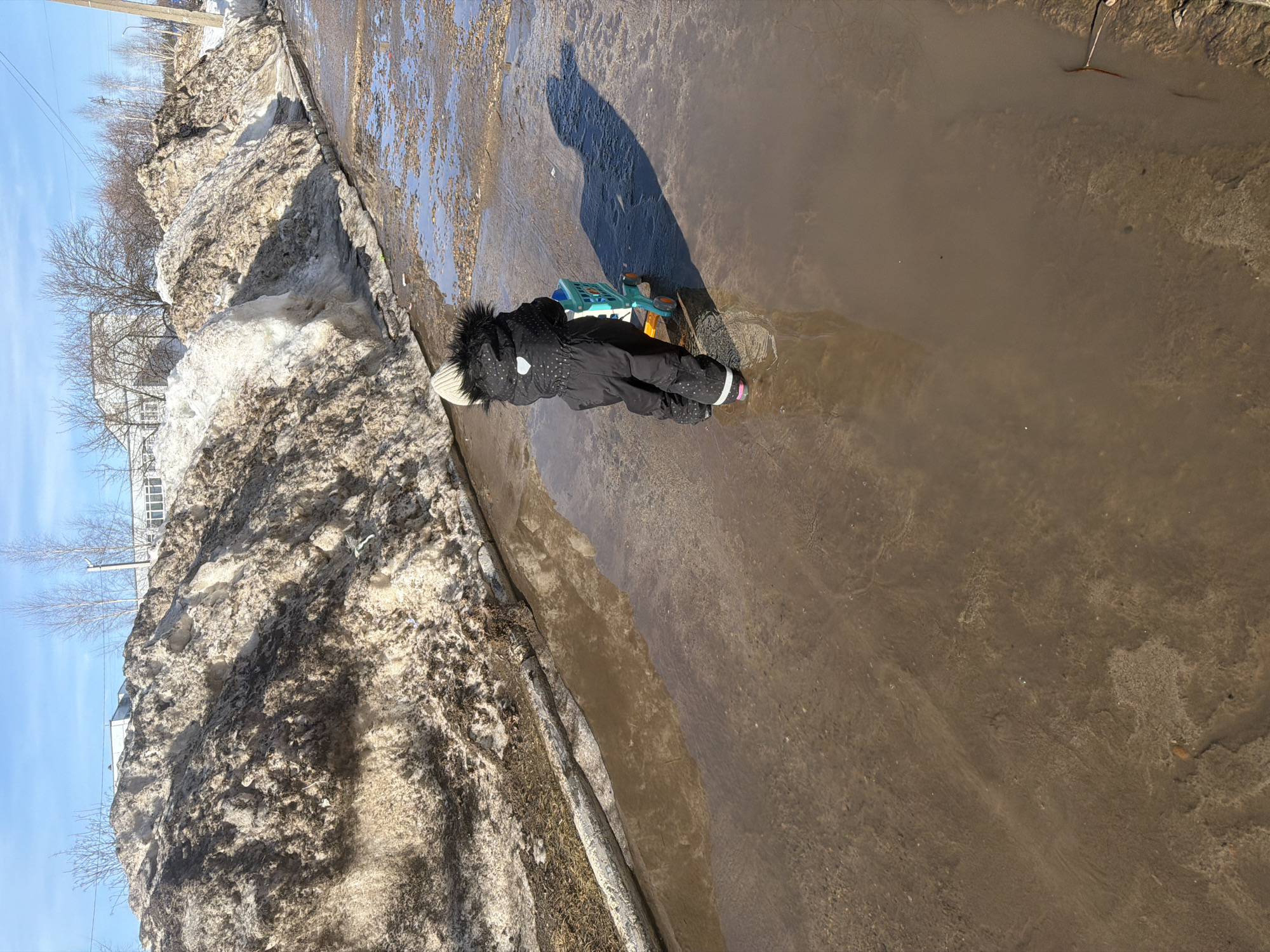 The scene, set in Chaikovsky, Russia, shows a young child from behind, dressed in a black winter snowsuit with white polka dots and a white knitted hat, pushing a multi-colored plastic toy shopping cart through an expansive, shallow, muddy puddle. Large, dirty piles of melting snow line the left side of the path, separated by a concrete curb. Strong sunlight from a clear blue sky illuminates the scene, casting a prominent, elongated shadow of the child and cart onto the puddle surface to the right. Bare trees, a utility pole, and distant white buildings are visible in the background.