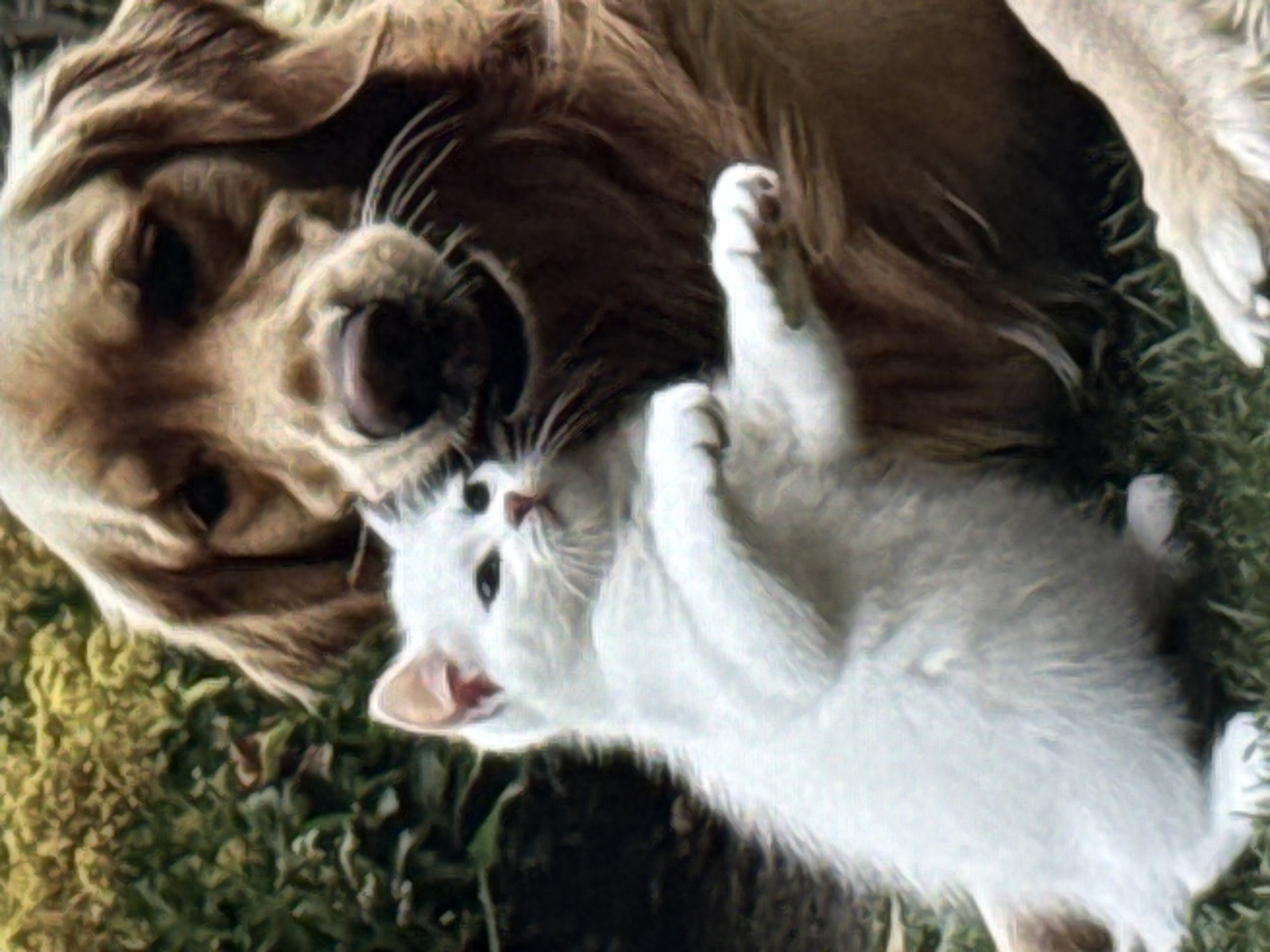 A golden retriever dog is positioned behind a small white kitten, its head tilted slightly as it looks at the kitten. The kitten is in the foreground, facing the viewer with its front paws raised, appearing to interact with the dog. They are both outdoors, with a blurred background of green foliage and grass. The scene is illuminated by natural light. There are no people present, and no specific location in Norilsk, Russia, can be identified from the image.