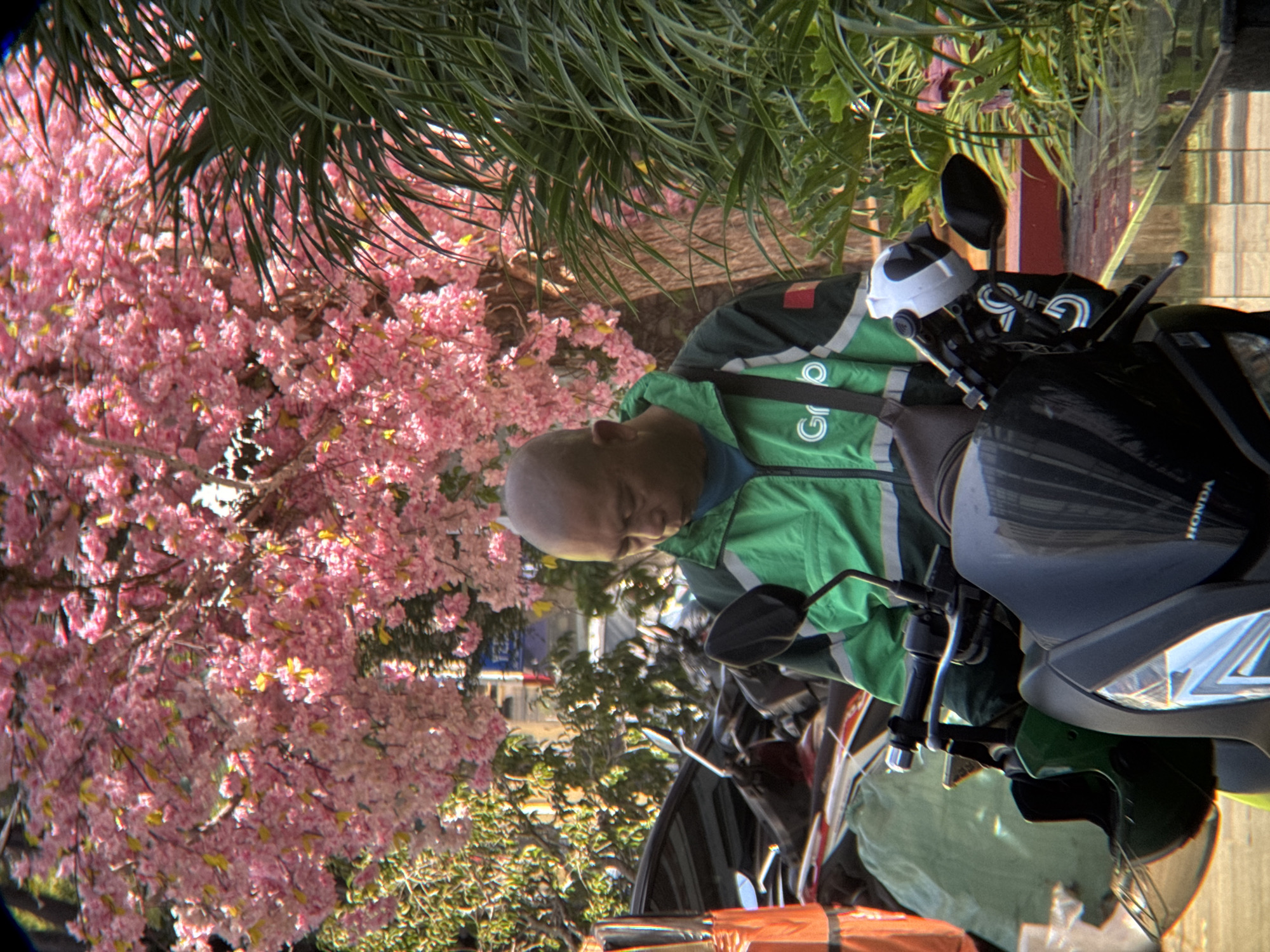 A bald man wearing a green Grab jacket and a blue t-shirt sits on a black motorcycle. The motorcycle is parked on a street with a pink flowering tree in the background. The man is looking down at the motorcycle. The scene appears to be in Nha Trang, Vietnam, suggested by the Grab branding and the tropical foliage.