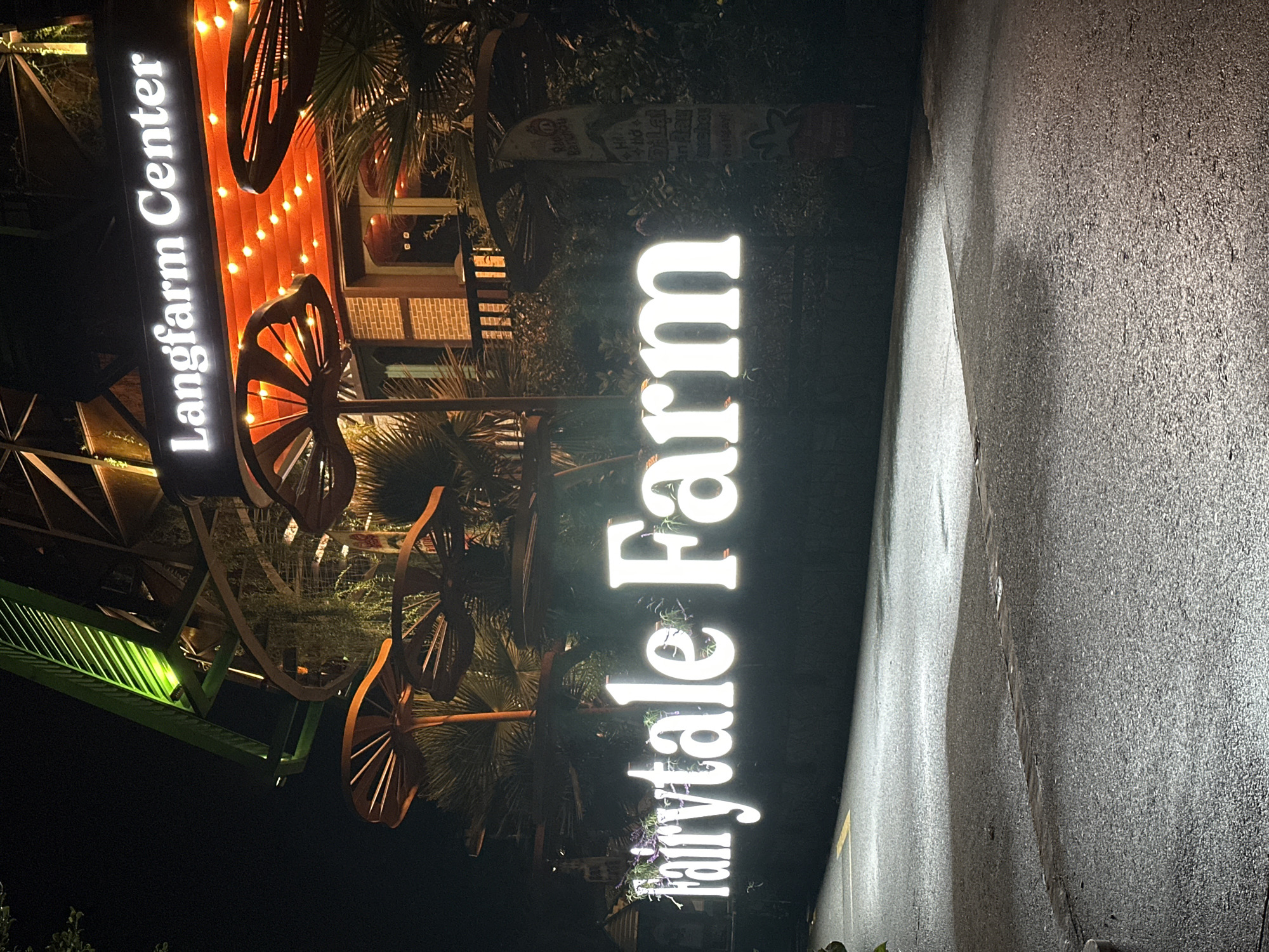 The media file shows a nighttime scene at an outdoor establishment, likely a farm or attraction, in Da Lat, Vietnam. The prominent subjects are large, illuminated signs. One sign, vertically oriented, reads "Langfarm Center" in white, stylized lettering, set against a background of warm, orange lights and decorative, wheel-like structures. Another, much larger sign is also vertically oriented and reads "Fairytale Farm" in bold, white, illuminated letters.
The setting appears to be an entrance or main area of the establishment. There are palm trees and other foliage visible, suggesting a tropical or subtropical climate. The ground in the foreground is wet and reflective, indicating recent rain or a damp surface, consistent with a humid environment and the time of day. The lighting is atmospheric, with the illuminated signs casting a glow on the surroundings.
There is no explicit activity or event taking place beyond people arriving or departing, as evidenced by the signage. The overall mood is somewhat whimsical and inviting, amplified by the "Fairytale Farm" name and the warm lighting. The time of day is clearly night, indicated by the darkness and the illuminated signs. The presence of palm trees and the mention of Da Lat, Vietnam, provide location context.