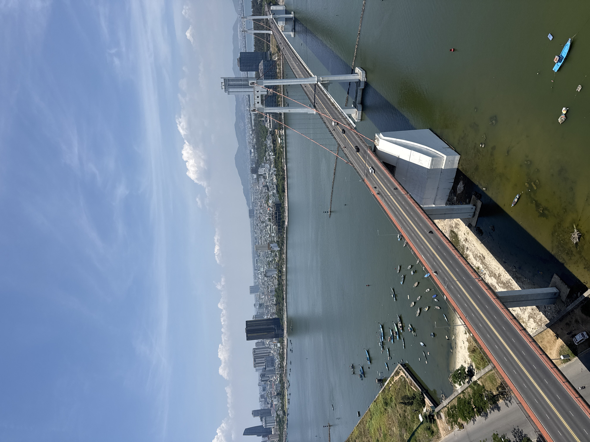 The image depicts the Trần Thị Lý Bridge in Đà Nẵng, Vietnam, seen from an elevated perspective. The bridge crosses a wide river, with the city skyline visible along the riverbank on the left. A modern architectural tower is located in the upper portion of the image and is connected to the bridge. The river is dotted with numerous small boats. The sky is blue with scattered clouds. Vegetation is visible in the lower right corner of the image. The image is taken at an angle, so the ground is not horizontally level.