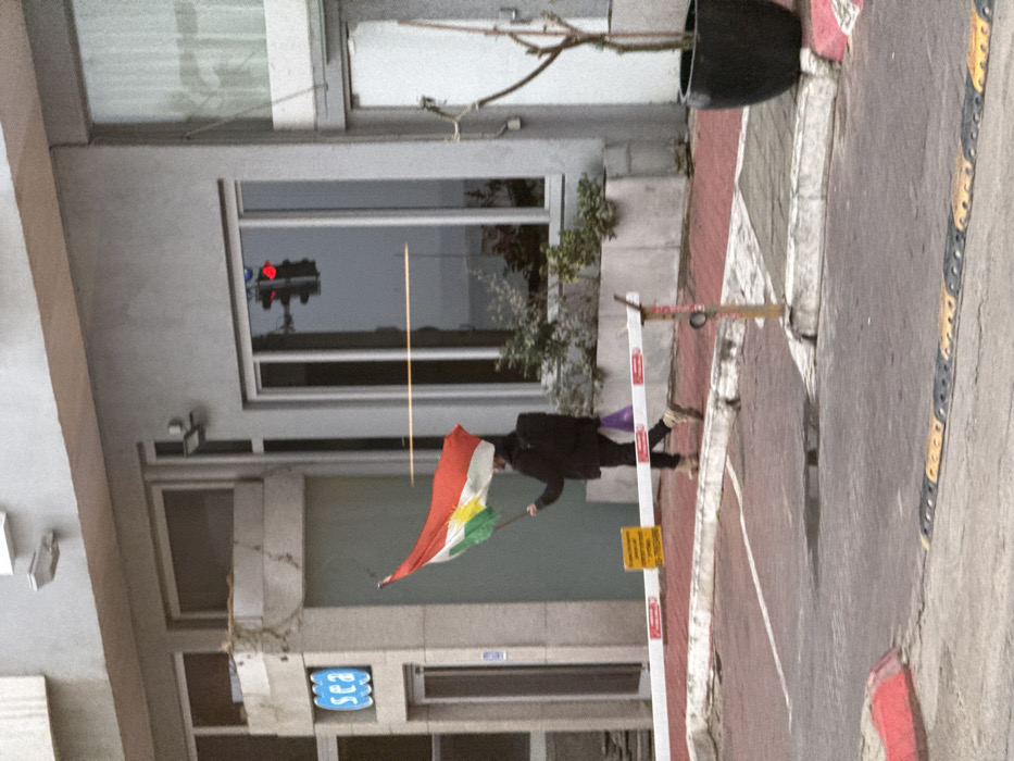 A person dressed in black is holding a flag featuring red, white, green, and yellow colors. They are standing near a barrier that appears to be an automated traffic gate. In the background is a building with multiple windows reflecting a traffic light. A large potted plant is visible on the right side of the image, and a sign with the letters "sea" is on the lower-left side of the building. The scene appears to be in an urban setting.