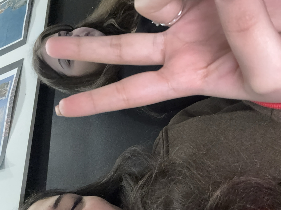 The image captures a close-up, indoor scene featuring two individuals. In the foreground, a left hand, likely belonging to the person on the right, is raised with the index and middle fingers extended in a "peace" or "victory" gesture, palm facing the camera. A silver ring is visible on the ring finger of this hand. The hand partially obscures the faces of both subjects.
The individual on the left has dark, wavy hair and is wearing a brown garment; only the left side of their face, including an eye, is visible. The individual on the right has brown hair, and only the right side of their face, including one eye, is visible. They appear to be wearing a dark top.
The background consists of a dark, uniform surface, possibly a wall or partition, topped by a lighter-colored wall. Mounted on the lighter wall are two framed prints; the left print shows partially legible text, including "BAMBO SISSOMO," and the right print features blue-toned imagery. The scene takes place indoors; while the city is Albi, France, the specific location within the city cannot be determined from the visual evidence.