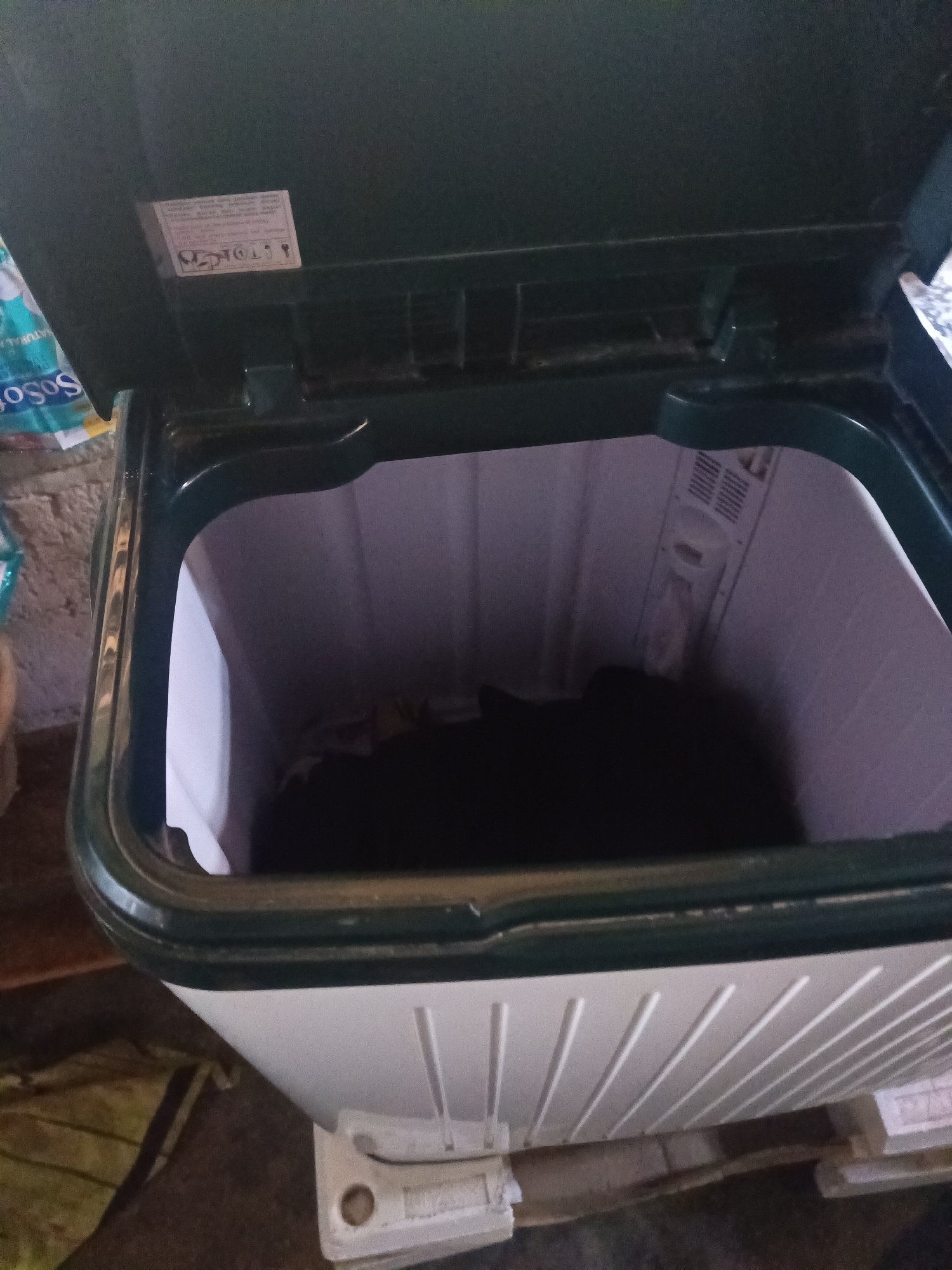 An open, dark green and white, top-loading washing machine is pictured in an indoor setting. The washing machine is empty except for some dark-colored laundry at the bottom of the tub. The lid of the washing machine is open, revealing the inside of the tub. A small white sticker with text is visible on the underside of the lid. The machine appears to be situated in a room with a tiled floor and brick walls, with a bag of what appears to be detergent or cleaning supplies to the left of the machine. The overall scene suggests a domestic environment.